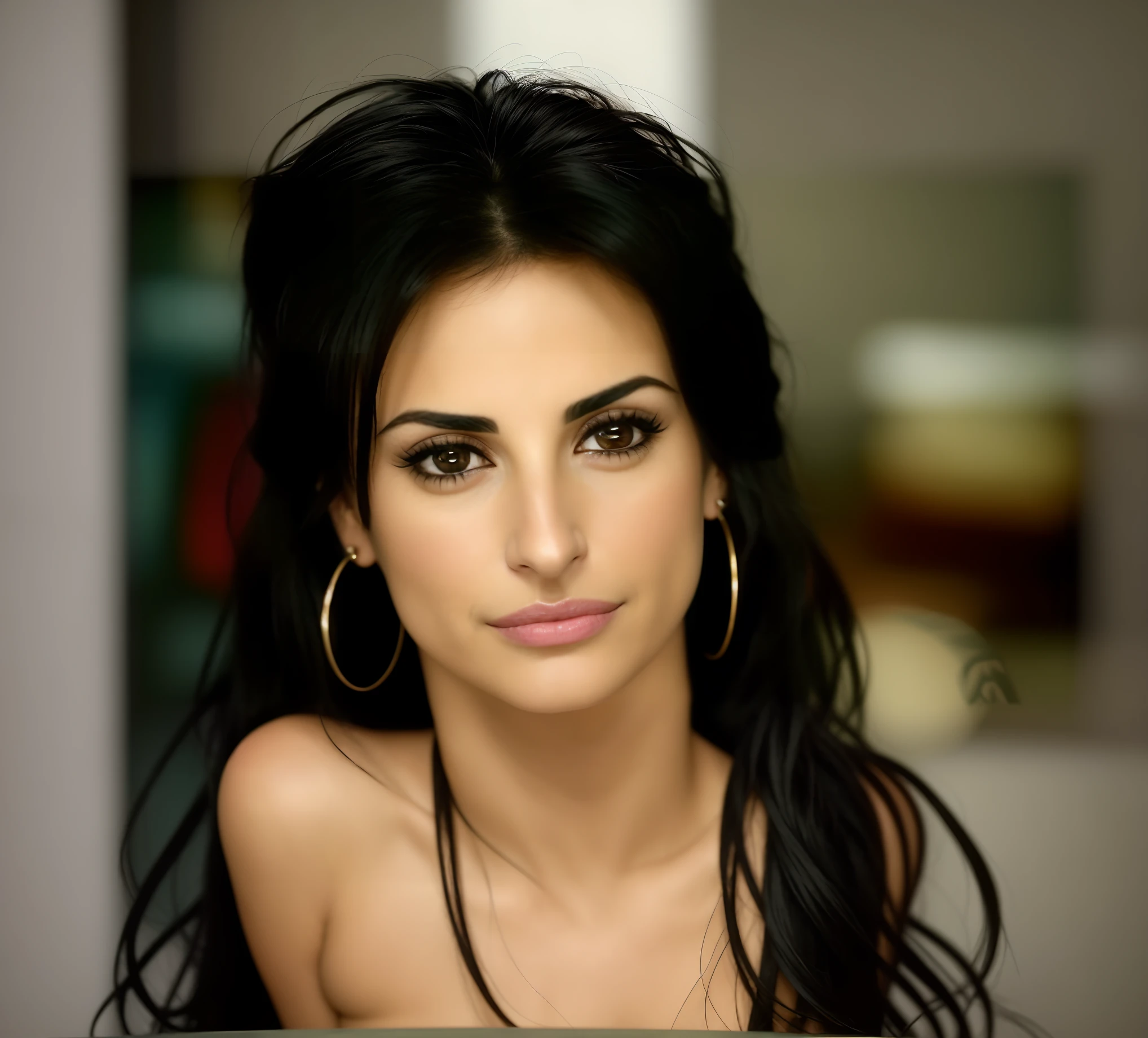 a close up of a woman with long black hair and big hoop earrings, black hair and large eyes, photo of penelope cruz, portrait of penelope cruz, black hair and brown eyes, attractive female face!!!, penelope cruz, beutiful face, stunning eyes, beautiful brown eyes, most beautiful woman on earth, very beautiful face, extremely beautiful face, gorgeous woman