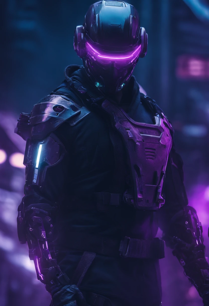 cyberpunked　male people　Half body machine　cyborgs　Full Metal Mask　Near Future Ninja　Awesome assassin　purple tone　Knife in left hand　Lonely heights　Killing Machine　masutepiece　Super beautiful、