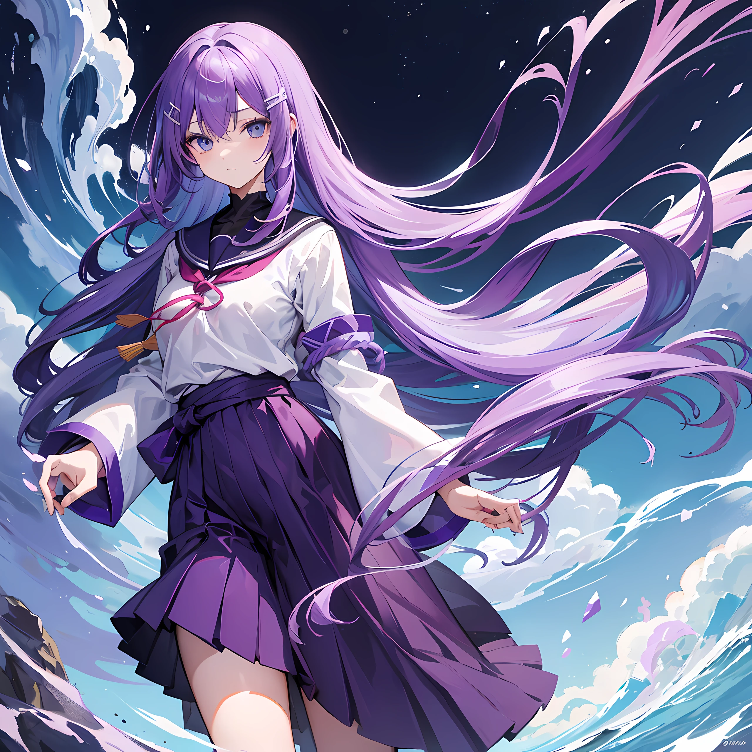 1girl, dark purple long flow hair that goes up to her waist, light purple hair clip, light blue eyes, a shy look on her face, japanese school uniform, average body type, average weight, average height,