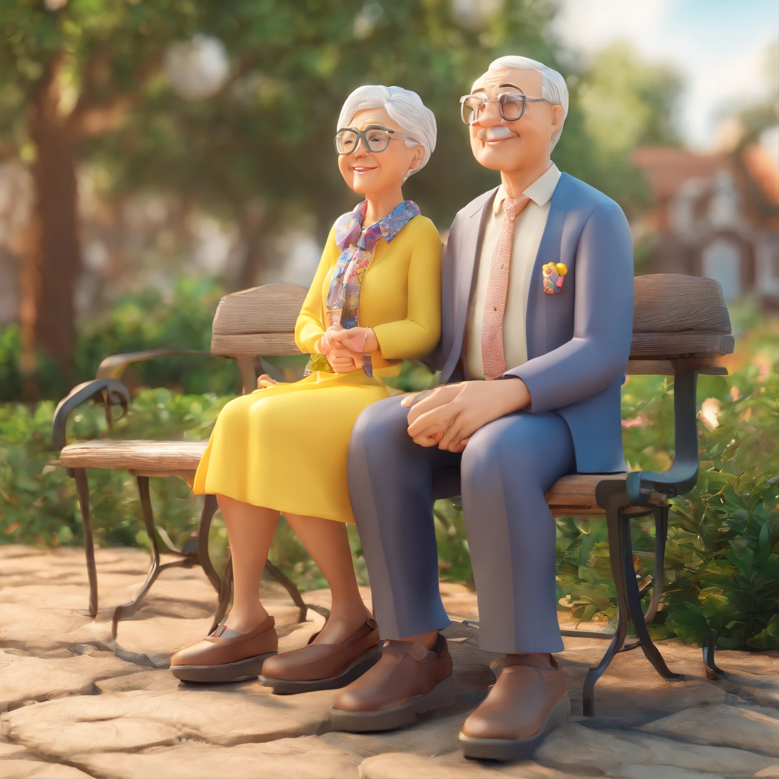 Super cute IP elderly couple sitting on a bench square by pop mart, olhos brilhantes, querubim, argila, Modelos, Brilhante e delicado,fundo limpo, Bom brilho, 3D rendering of,best quality, com o texto centralizado escrito cuidadora de idosos