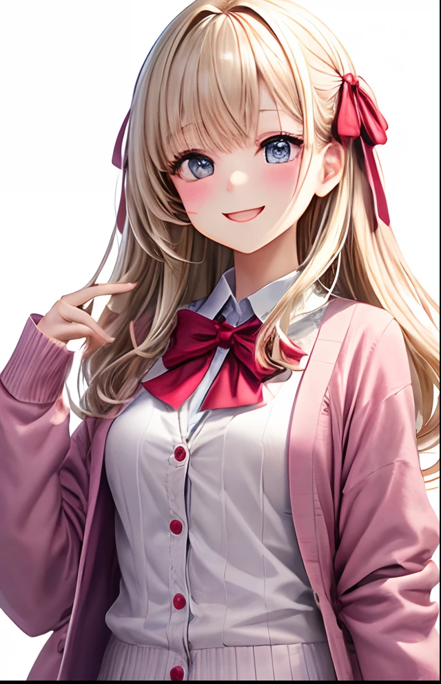 girl with、No background、without background、Background through、White blonde、Pink cardigan、校服、student clothes、A smile、bow ribbon、kawaii、