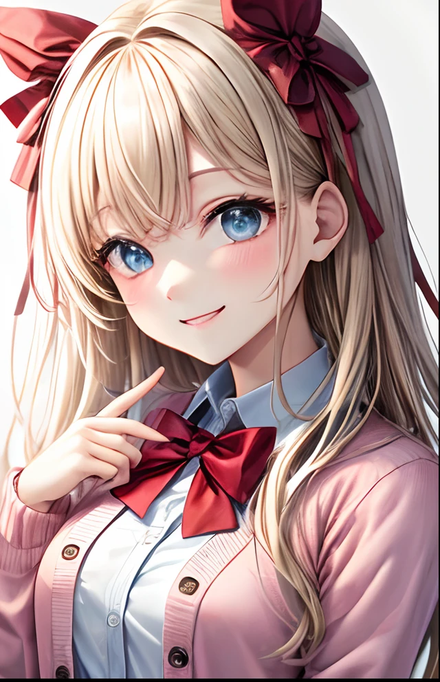 girl with、No background、without background、Background through、White blonde、Pink cardigan、校服、student clothes、A smile、bow ribbon、kawaii、