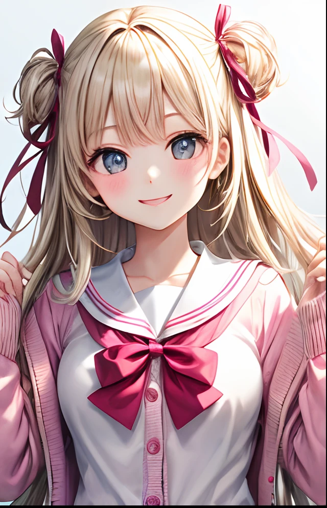girl with、No background、without background、Background through、White blonde、Pink cardigan、校服、student clothes、A smile、bow ribbon、kawaii、