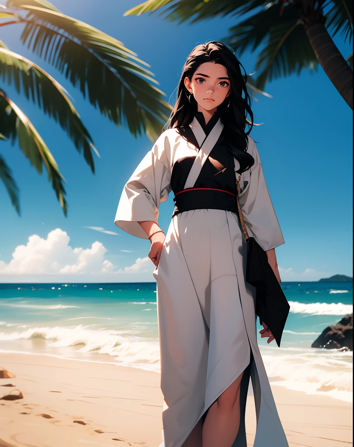 (SFW) madura, cabelo preto, cabelo flutuante, olhos delicados, pupilas vermelhas, heroine, preto e branco antigo damasco hanfu, seios pequenos,pose distinta e repleta de charme,FOV, f1.8, obra-prima, cena complexa, Beautiful full body portrait walking barefoot on the sand of a deserted beach, tiro unico