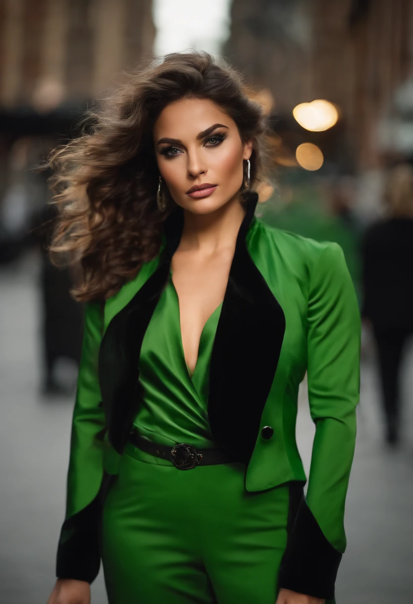 green jacket with black sleeves, front side of the jacket, back side of the jacket
