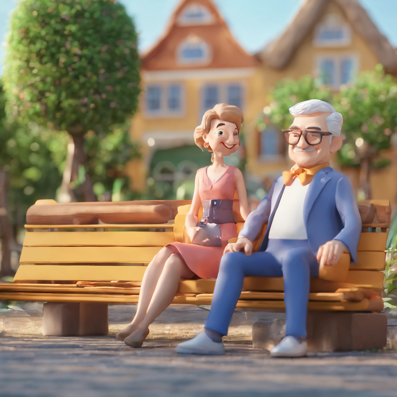 Super cute IP elderly couple sitting on a bench square by pop mart, olhos brilhantes, querubim, argila, Modelos, Brilhante e delicado,fundo limpo, Bom brilho, 3D rendering of,best quality, com o texto centralizado escrito cuidadora de idosos