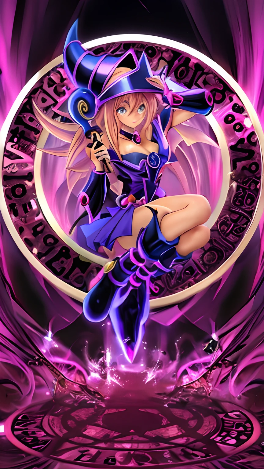 A cartoon image of a woman wearing a purple dress and a hat, Mago Negro, Hermosa chica maga oscura, Maga oscura de Yu-Gi-Oh, Ilustraciones de Yugioh, Estilo de arte Yugioh, knights of zodiac girl, Lucy el Dios del Tiempo, Estilo Yugioh, Giroscopio Zeppeli, Yami Kawaii