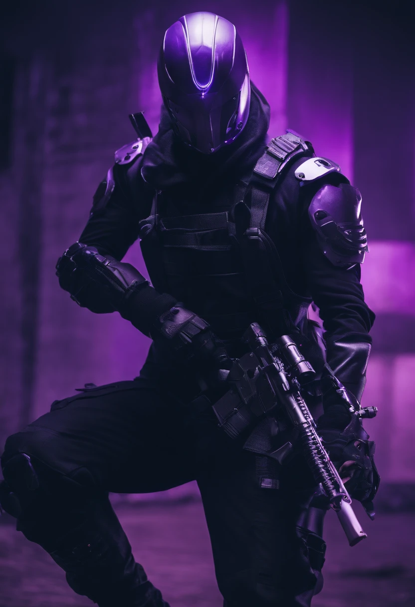 cyberpunked male people Half body machine cyborgs Full Metal Mask Near Future Ninja Awesome assassin purple tone Knife in left hand Lonely heights Killing Machine masutepiece Super beautiful、
