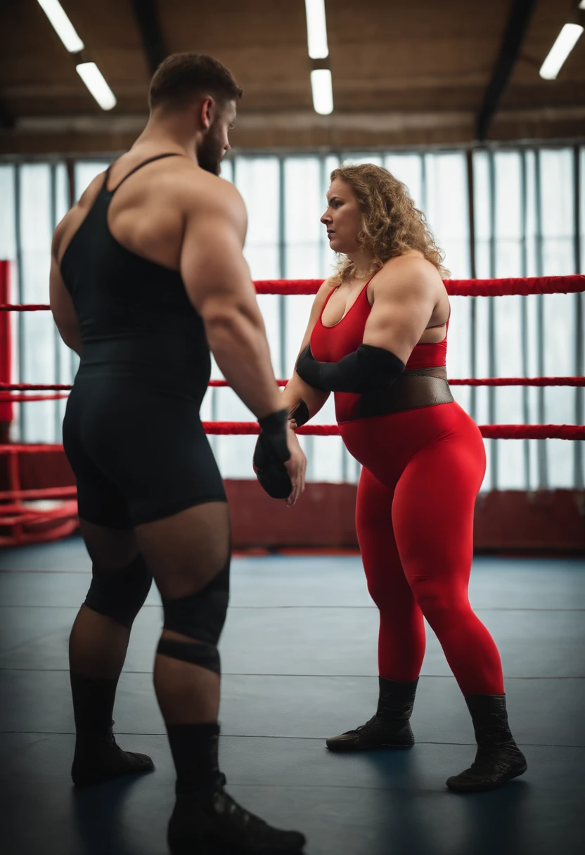 With a huge lower body and big butt wearing red wrestling tights、and humiliate another chubby muscular female bear with a huge upper body in black wrestling tights in the ring of the wrestling ring