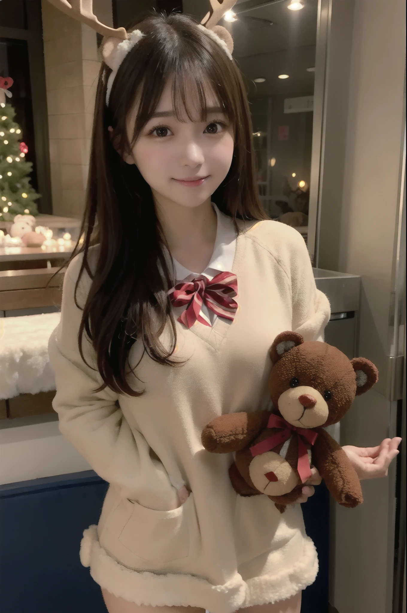 high-school uniform:1.3, (((Idol Who Loves Reindeer Teddy Bear))),