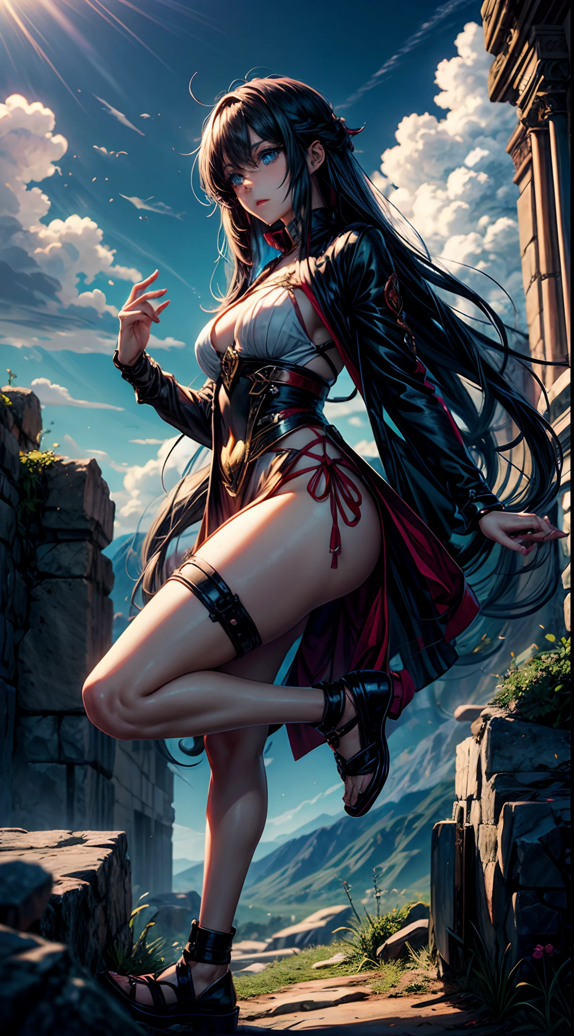 A stunning anime girl with long, flowing hair and piercing blue eyes stands atop a mountain, her mythical powers radiating from her fingertips as she commands the elements of nature in the ancient world.