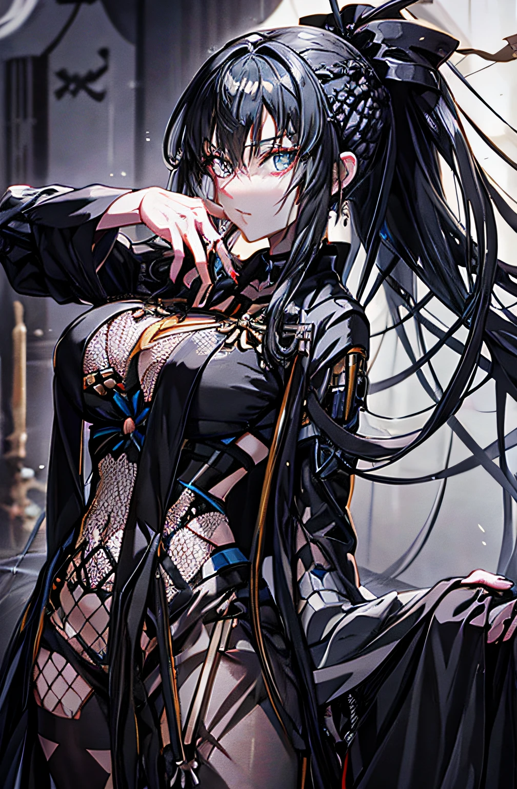 Anime girl with long silver hair and black dress, from girls frontline, Fine details. girls' frontline, noire, from arknights, Trending on ArtStation pixiv, Seductive Anime Girl, girls frontline style, black - haired mage, girls frontline cg, anime moe art style, Gothic Maiden anime girl, anime girl wearing a black dress, 「beautiful anime woman」,(huge-breasted:1),