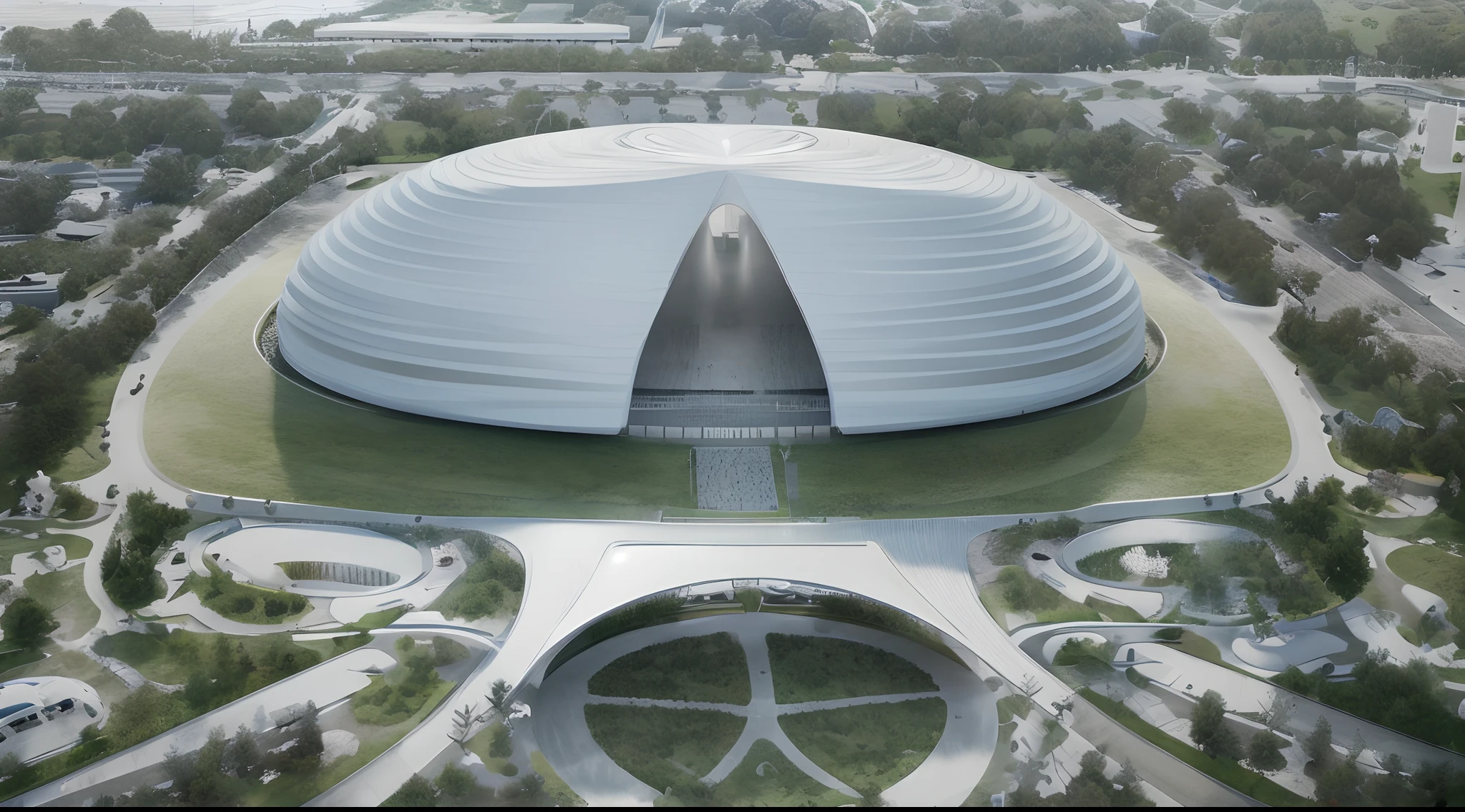 Covered sports arena, The strokes intertwine into a bird's nest style, ellipse, actual, high angle looking down, There is plenty of greenery around,