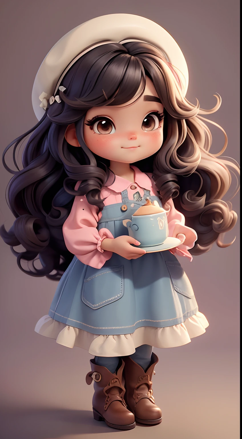 Create a series of cute baby style chibi dolls with a cute cowgirl theme, each with lots of detail and in an 8K resolution. All dolls should follow the same solid background pattern and be complete in the image, mostrando o (corpo inteiro, incluindo as pernas: 1.5)

Boneca cowgirl: Chame-a de Mia. She must have medium wavy brunette hair. Seus olhos devem ser grandes e curiosos, with long eyelashes and slightly pinkish cheeks. Mia should be dressed in a delicate jumpsuit, cowboy boot and a polka dot blouse and a cowboy hat is cute. She should hold delicate and thin accessories. Add details like pockets and ruffles to the apron to make it even more charming, sapato bonito

Certifique-se de adicionar sombras, texturas e detalhes nos cabelos, roupas, Beautiful utensils, to make them even more adorable and charming.