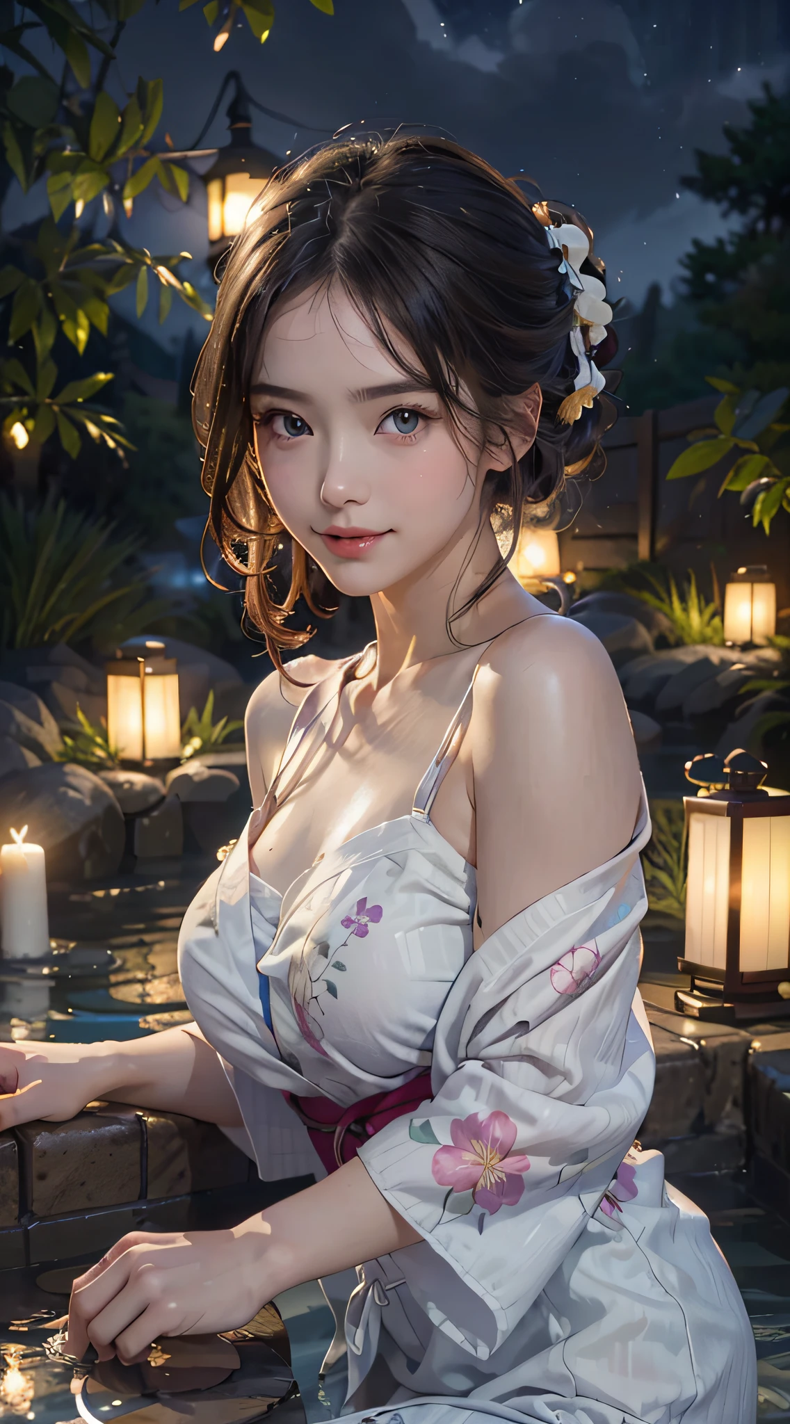 1girl, extremely cute face, Amazing face and eyes, (highly detailed eyes, highly detailed face), Fresh, very clean appearance, (hyper-realistic, hight resolution), (best Quality:1.4), Raw photo, (Realistic, Photorealsitic:1.37), Professional Photography, Cinematic Light, (floral pattern yukata:1.25), (amazing big breasts:1.1), (open yukata), (bare shoulders), Smile slightly, Staring at me, outdoor, Hot springs, (open-air bath at night:1.5), (dark forest), trees, rocks, lantern light, candle light,