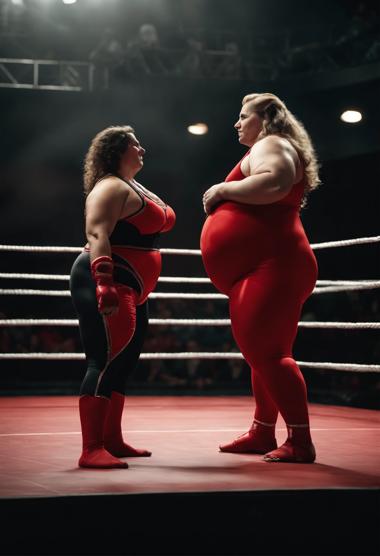With a huge lower body and big butt wearing red wrestling tights、and humiliate another chubby muscular female bear with a huge upper body in black wrestling tights in the ring of the wrestling ring