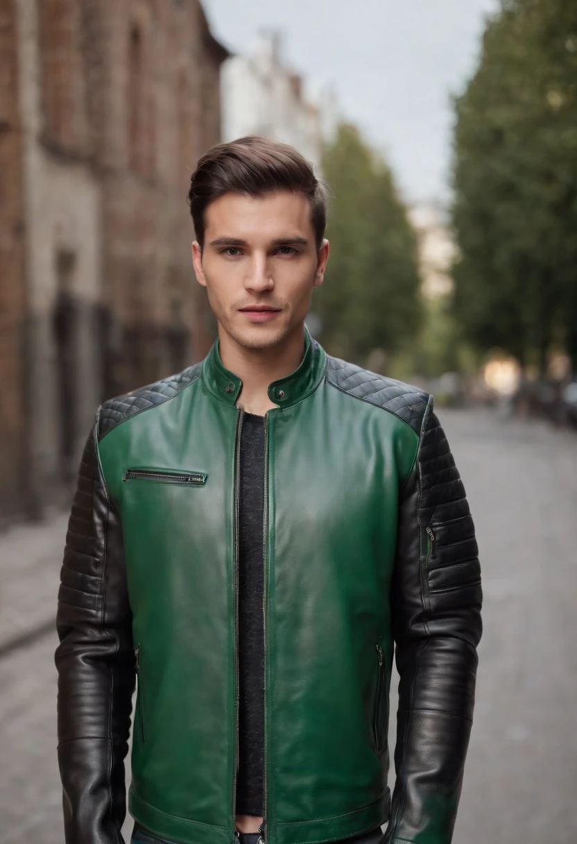 green leather jacket with black sleeves, front zipper, bikers jacket
