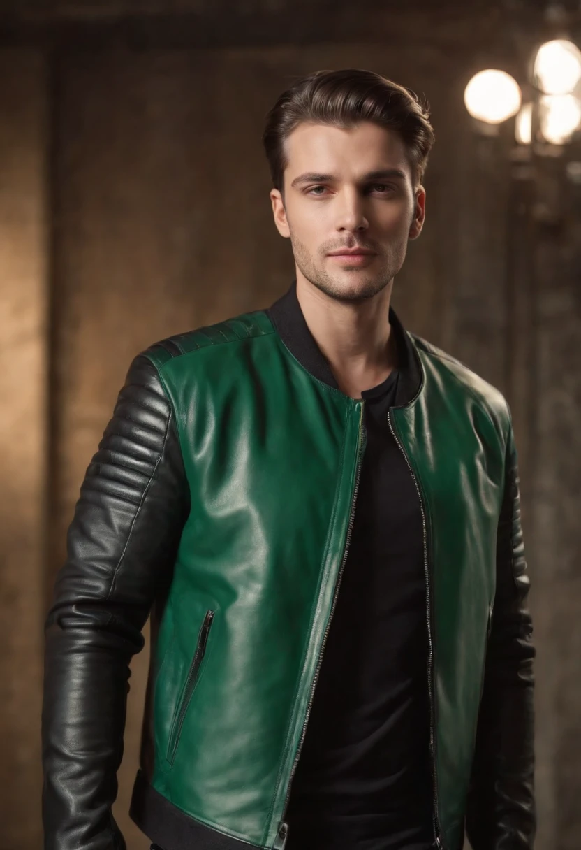 green leather jacket with black sleeves, front zipper, bikers jacket