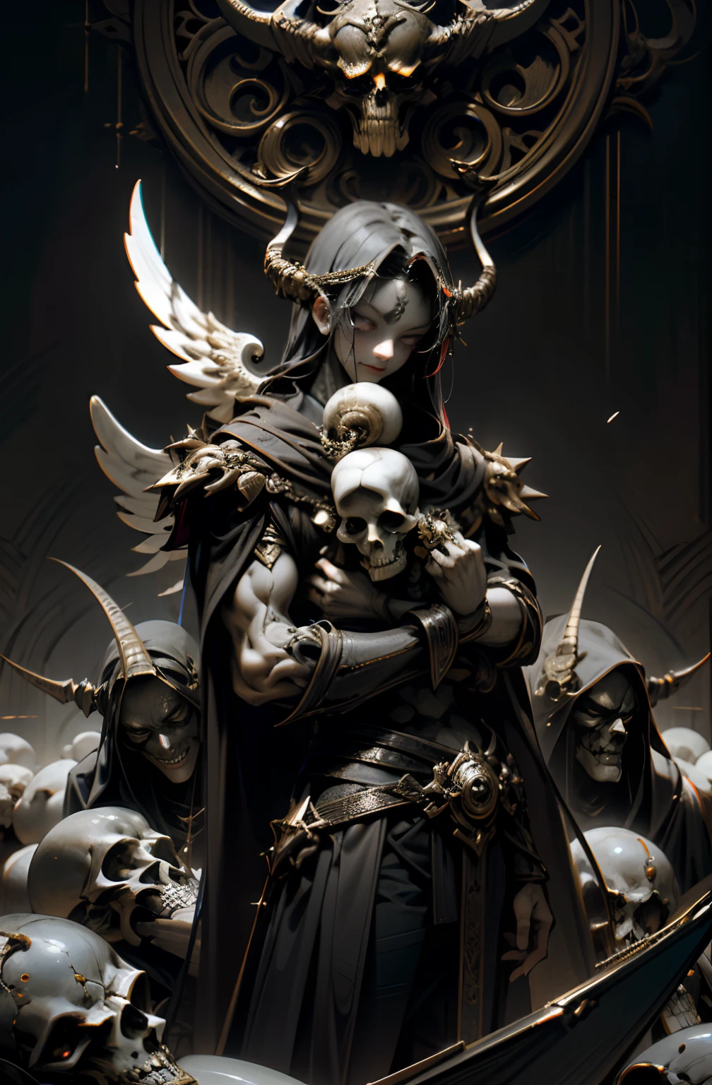 Clash of the Titans. Gods and demons in mortal combat. Battle scene. Demonic images: (skulls, octopus tentacles, horns, glowing eyes, strong body, protruding bones on a sinewy torso, belts, metal decorative elements, amulets, esoteric symbolism). Angels: (strong body of a man, smoothly shaved head, angel of light angle from the back, very strong body, textured back, anatomically correct proportions. Very beautifully built male body, fights with a terrible enemy, he is surrounded by demonic women, they play around, flirt, trying to interfere and harm, very beautiful female bodies, demonic images).
02_High Renaissance oil painting environment, Italian Renaissance masters; Titian, Veronese, Rubens, Boticelli. A gloomy picture of a battle between an angel warrior and demonic creatures. Luscious oil painting with broad strokes, high detail, pure white skin in the center of the composition, brutal seductive figures of demonic women. Dark monsters. Painting by Bosch, stories by Dante Aligheri, “Divine Hell-Paradise”, chronicles of vampires by Brian Lumley.
03_ High image quality, 4K | Ultra HD | Full HD, cinematic rendering, 3D visualization - a masterpiece, TOP computer graphics ART. Unreal 8K engine, motion capture, dark lighting, strong shading, warm shadows - cool backlight, high detail. (vivid, photorealistic, dramatic, dark, sharp focus, 8K). Highly detailed textures, materials, stone, metal, corpse decomposition, bones, skulls. (shades of gray, red, black, elements, metallic shine, red fire) Destroyed architecture floating in space - debris, stones, ruins, magical pentagrams, amulets, ornaments, cabalistic symbols. Film grain, dust and airborne particles.