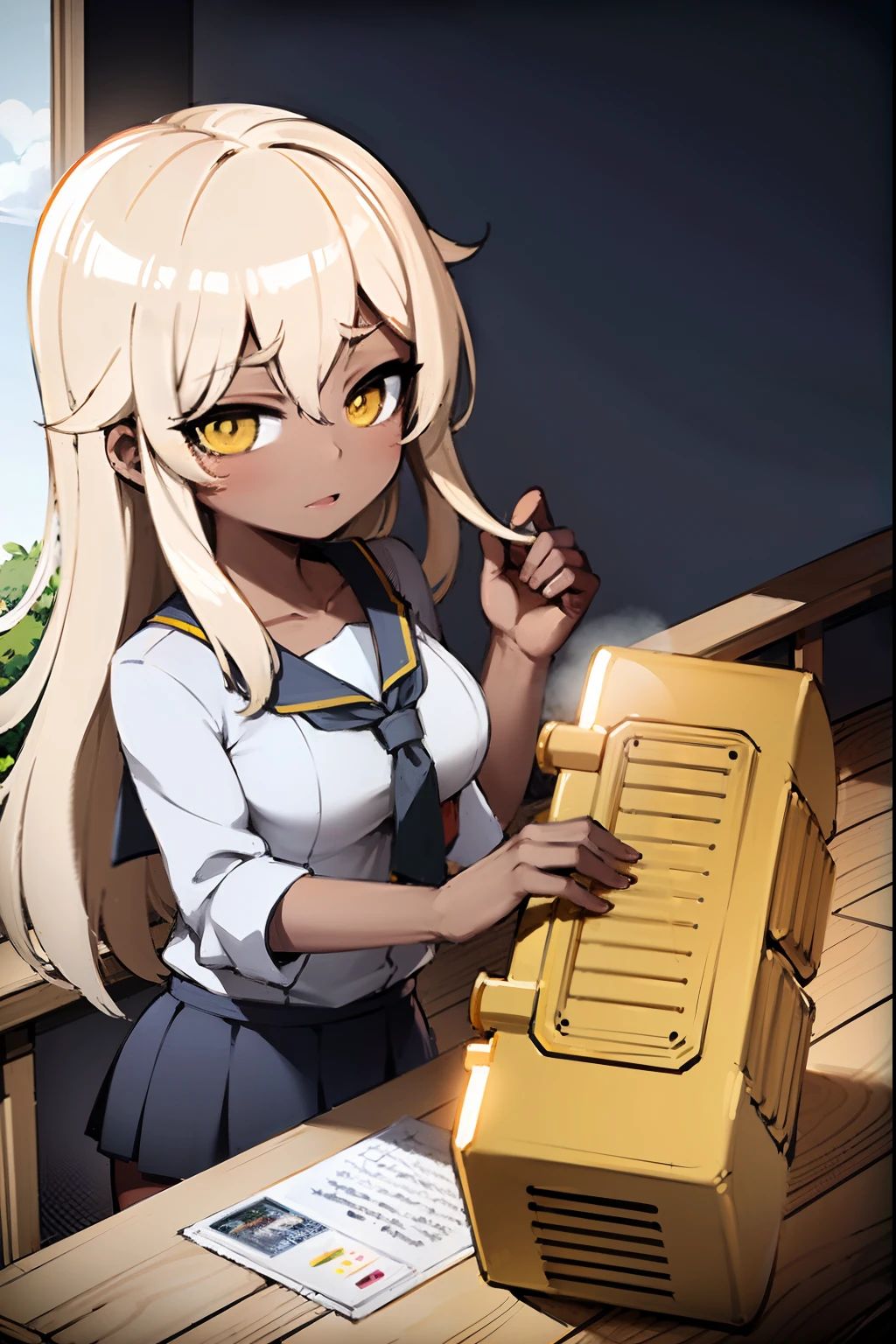 Garota anime, pele negra  com longos cabelos loiros e olhos amarelos segurando um bloco amarelo, kantai collection style, arte oficial, Kantai Collection Arcade, Arte Oficial, detalhes finos. s da linha de frente, de meninainha de frente, anime moe artstyle, arte chave detalhada do anime, Marin Kitagawa Fanart, meninas estiha de frente, Konpeki no Kantai, inspirado por Li Shida