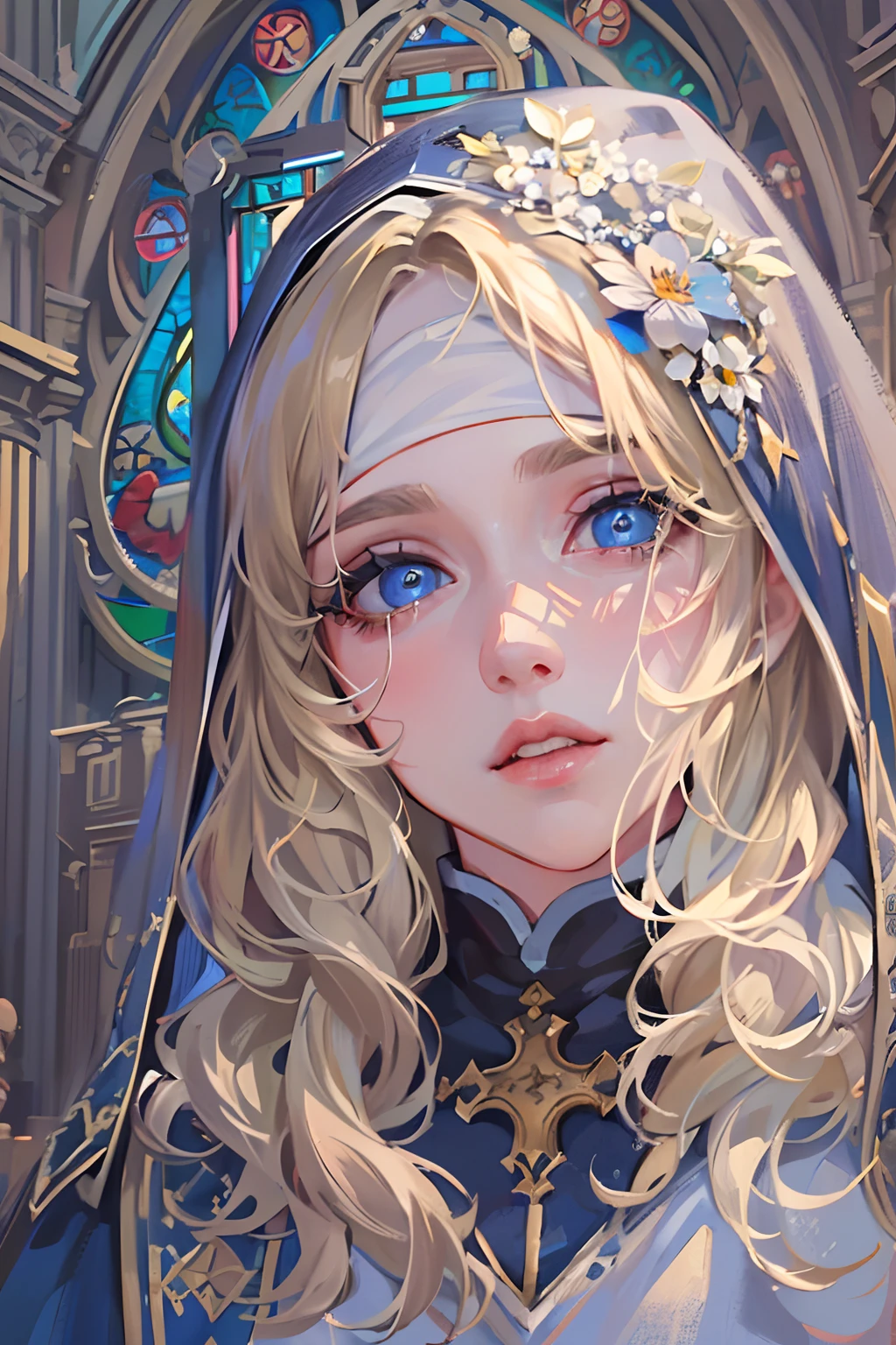 (best quality,4k,8k,highres,masterpiece:1.2),ultra-detailed,realistic,beautiful detailed blue eyes,beautiful detailed lips,extremely detailed face,long hair,1girl,beautiful blonde girl,wearing a nun's outfit,cute,attractive,church, retrato, detailed eyes