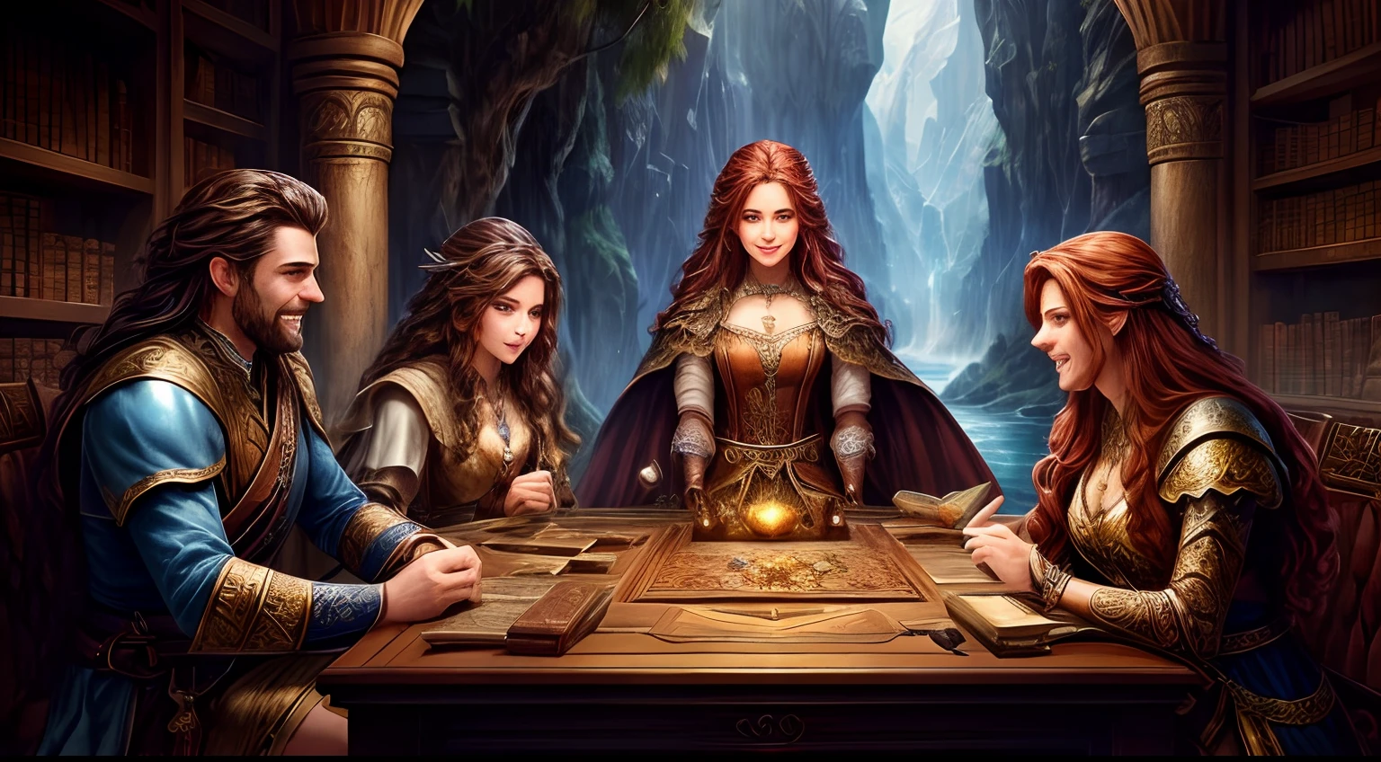 high details, best quality, 8k, [ultra detailed], masterpiece, best quality, (extremely detailed), dynamic angle, (ultra wide shot), RAW, photorealistic, fantasy art, dnd art, rpg art, realistic art,(concept art), (fantasy oil painting), subdued image that emphasizes the roleplaying aspect of the book, featuring a group of 4 friends (2 male & 2 female) (dressed in various styles of outfits) gathered around a table, engrossed in a TTRPG game, with the players' imaginations coming to life in the form of fantastical creatures and landscapes. The cover could feature the players' characters in various poses, happy expressions, as well as the game master and any important NPCs. (on the table: dice, miniature castle, books, cups), 1 female has thick hair, long hair, auburn red hair, fair skin intense ((brown)) eyes, 1 female has thick hair, long hair, fair skin intense ((blue)) eyes, 1 male has thick hair, dark hair, dark beard, ((blue)) eyes, 1 male has thick hair, ((brown)) eyes, mountains and a stream flowing nearby in the background (1.6 intricate details), Masterpiece, best quality, (perfect eyes), ((beautiful eyes), detailed eyes, perfect expression, (((detailed and realistic scenery))), (perfect hands), (perfect fingers), perfect female anatomy,  perfect male anatomy,  detailed body, perfect body, Cinematic Lighting, Backlight, Symmetry, (Unblurry faces, clear smiling expression, detailed clear faces, laughing,)