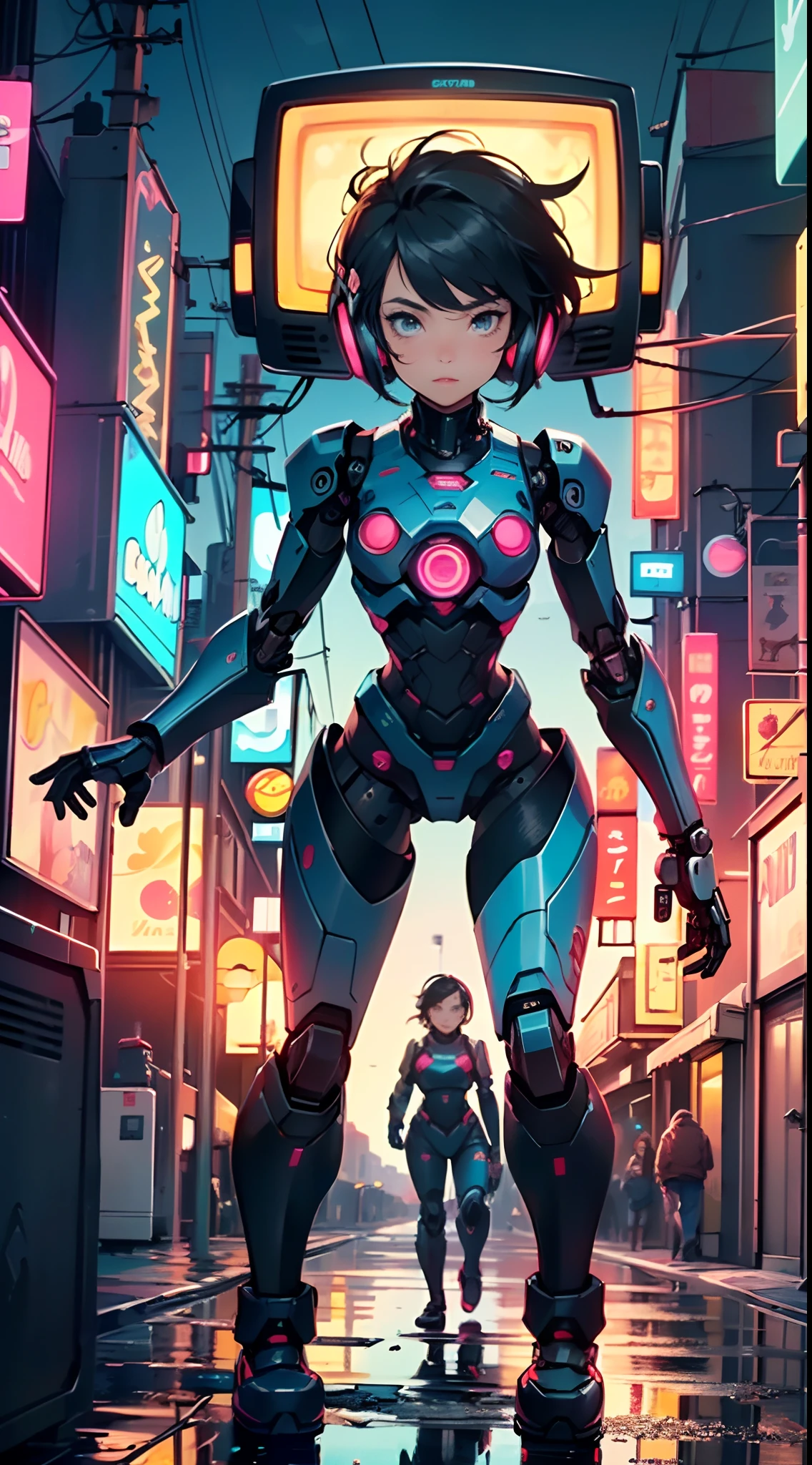 (((TV robot with mechanical arms and legs))),
(((tiny little robot chibi))) with ((((TV head)))). He has (((shaped like a cube with mechanical arms and legs))),and a (((screen on his face))) that displays emoticons and coded messages,Strange head, black tv head,detailed TV head,intricate robot,
(((Object_head,televison_head))),
(dynamic pose:1.0),solo focus,(centered,scale to fit dimensions,Rule of thirds),
cyberpunk city by the ocean at night, with bright neon signs and dark stormy clouds and puddles, scenery:1.25,
artistic photography,(photography taken by sldr),highres, sharp focus, (ultra detailed, extremely detailed), (photorealistic artwork:1.37),(extremely detailed CG unity 8k wallpaper),((synthwave background theme)),(((vibrant colors))),(intricate background),(masterpiece),(best quality)