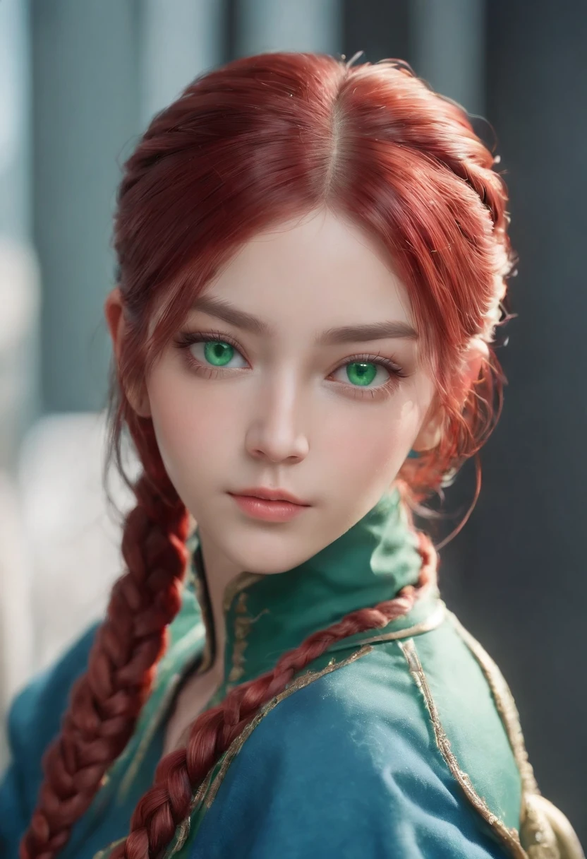 anime, hda, a close up of a woman with ((red braided low ponytail hair)) and (((the most beautiful green eyes))) in (((blue outfit))), (((determined)), 8k, Unreal Engine 5, octane render, by kyun, gamang, Yoon Gon-Ji, g.ho, gosonjak, shuroop, serious, domi, noah, trending on pixiv, fanbox, skeb, masterpiece, detailed face, smooth soft skin, big dreamy eyes, beautiful intricate colored hair, symmetrical, anime wide eyes, soft lighting, concept art, digital painting,