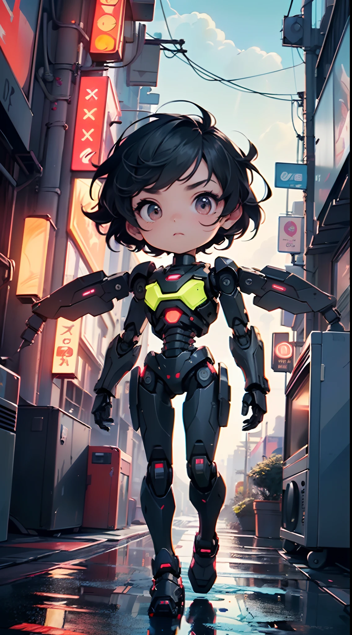 (((TV robot with mechanical arms and legs))),
(((tiny little robot chibi))) with ((((TV head)))). He has (((shaped like a cube with mechanical arms and legs))),and a (((screen on his face))) that displays emoticons and coded messages,Strange head, black tv head,detailed TV head,intricate robot,
(((Object_head,televison_head))),
(dynamic pose:1.0),solo focus,(centered,scale to fit dimensions,Rule of thirds),
cyberpunk city by the ocean at night, with bright neon signs and dark stormy clouds and puddles, scenery:1.25,
artistic photography,(photography taken by sldr),highres, sharp focus, (ultra detailed, extremely detailed), (photorealistic artwork:1.37),(extremely detailed CG unity 8k wallpaper),((synthwave background theme)),(((vibrant colors))),(intricate background),(masterpiece),(best quality)