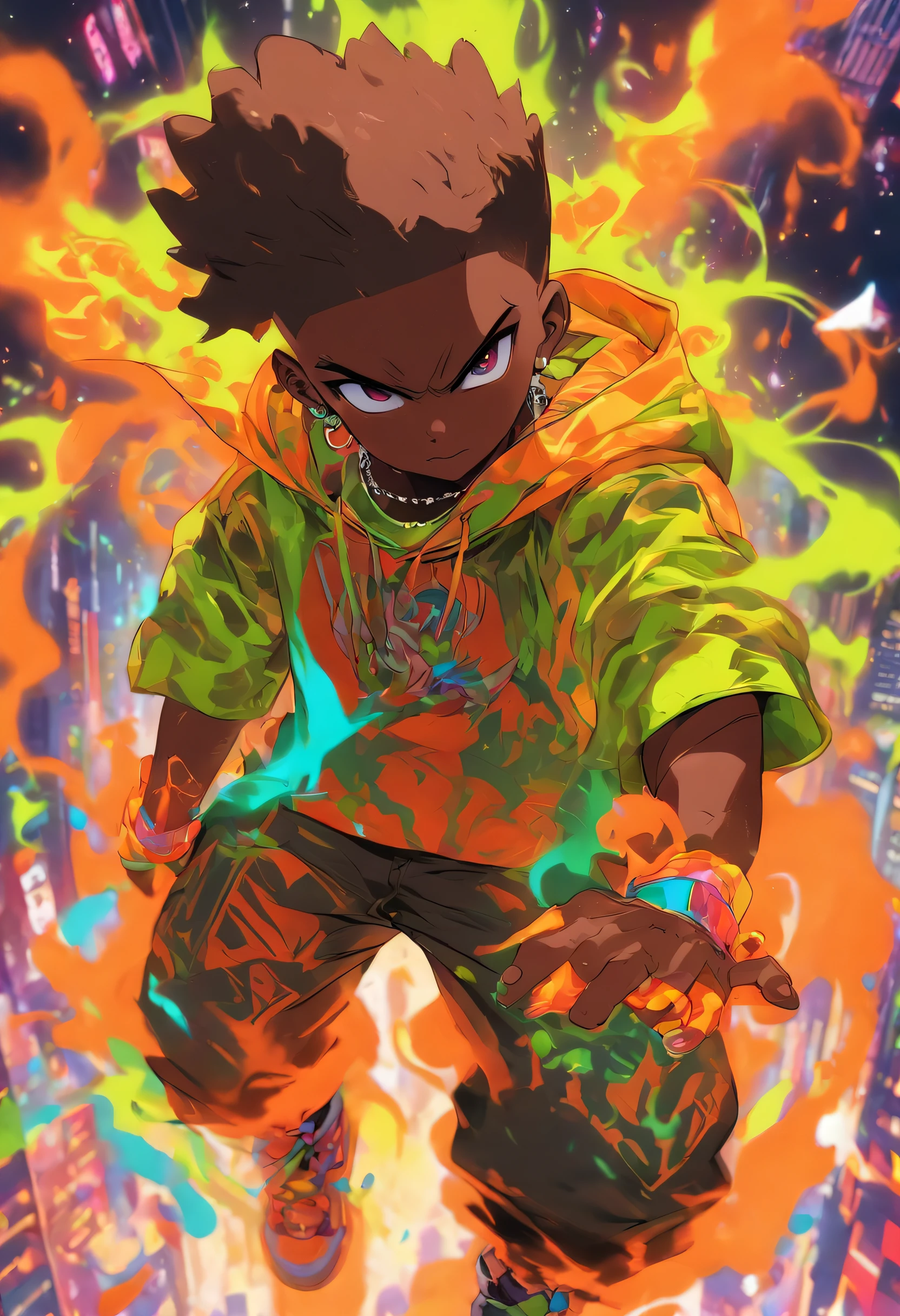 Batboy Boy, Caramel Brown skin Black boy moor, Bald Hairstyle, Streetwear, Full Slime Body, colors neon, risa loca, malvada, Hair::-10