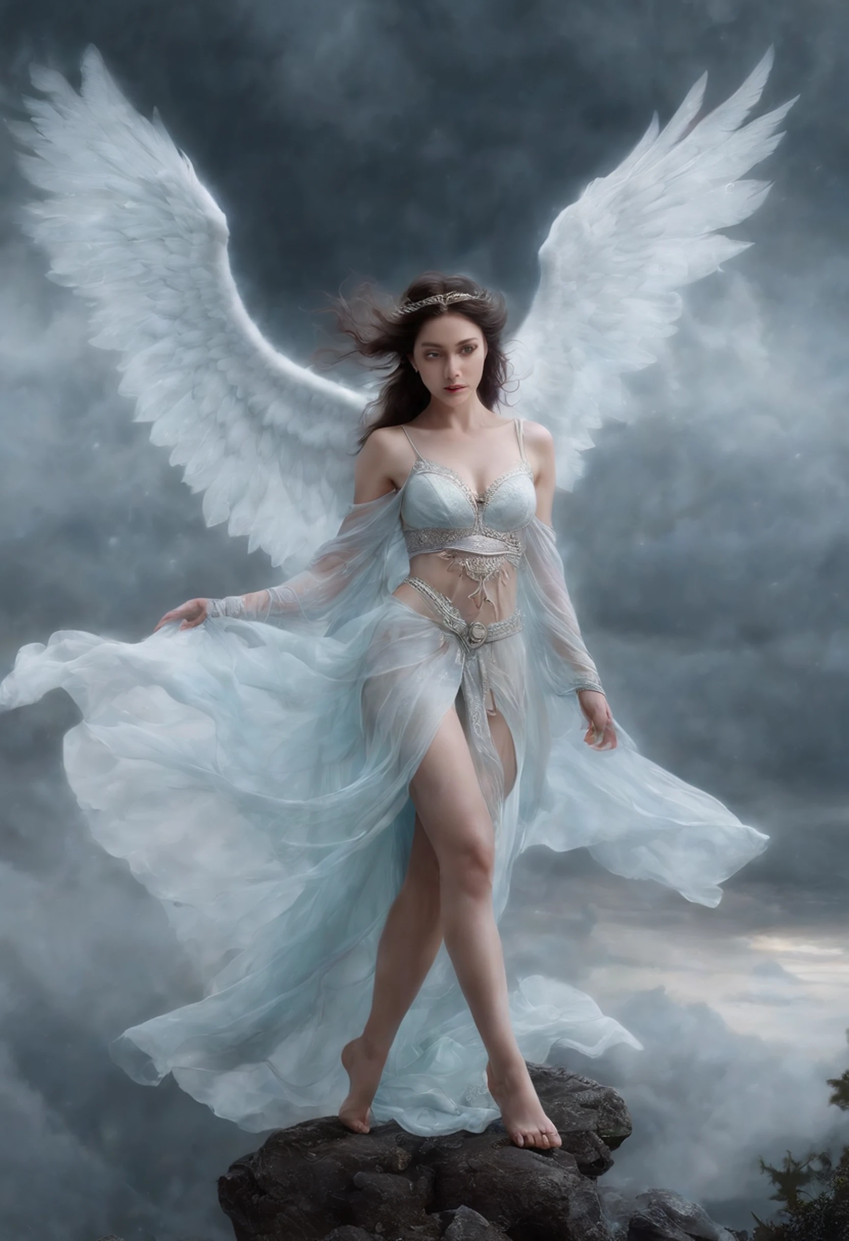 ((melhor qualidade)), ((obra-prima)), (detalhado), ((nua)), succubus sedutora, ethereal beauty, empoleirada em uma nuvem, (Fantasy Illustration: 1.3), olhar encantador, pose cativante, asas delicadas, charme sobrenatural, mystical sky, (Luis Royo:1.2), (Yoshitaka Amano:1.1), noite de luar, cores suaves, (paisagem de nuvens detalhada:1.3), (alta resolução:1.2)