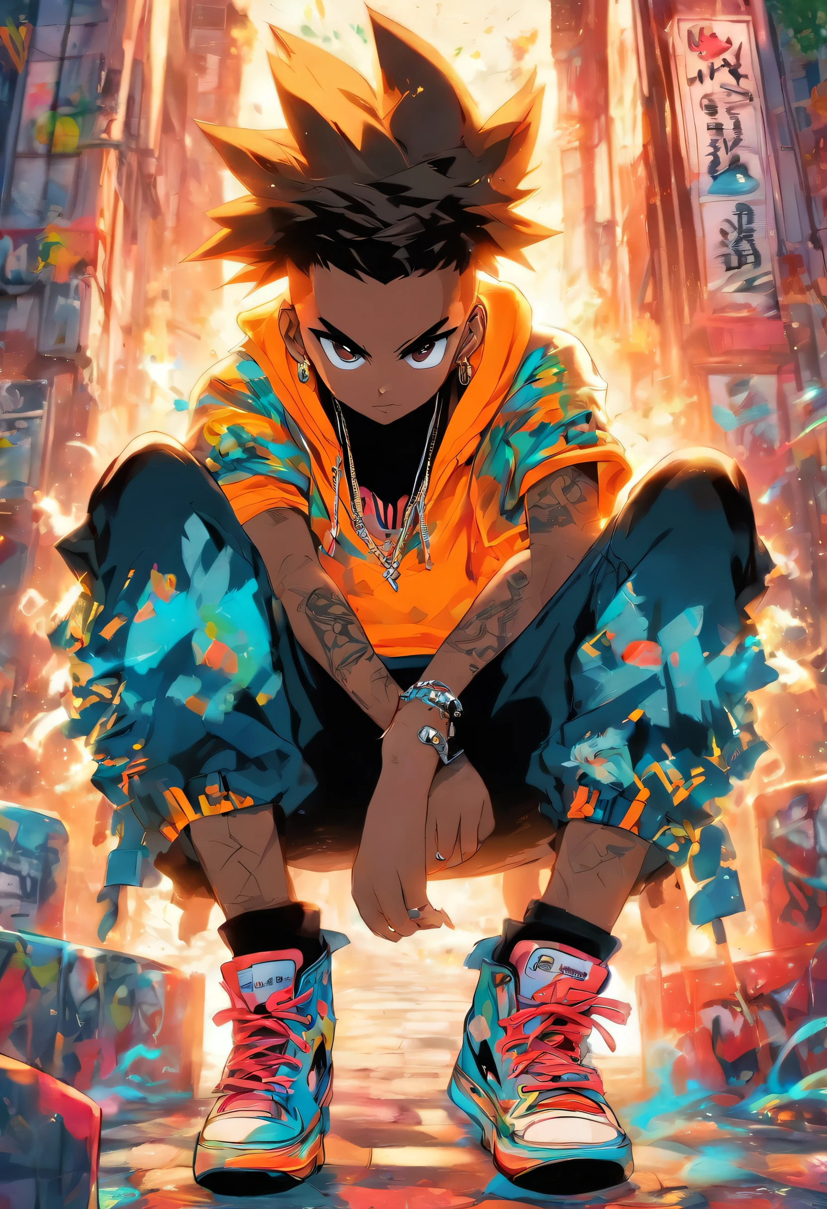 Um coelho descolado e moderno, cabelos brancos, olhos azuis, usando roupas hip hop da moda, usando um capuz, Graphic T-shirt and ripped jeans, toneladas de tatuagens e piercings, fundo estilo graffiti, Antecedentes altamente detalhados, Obra-prima perfeita, alta qualidade, high resolution