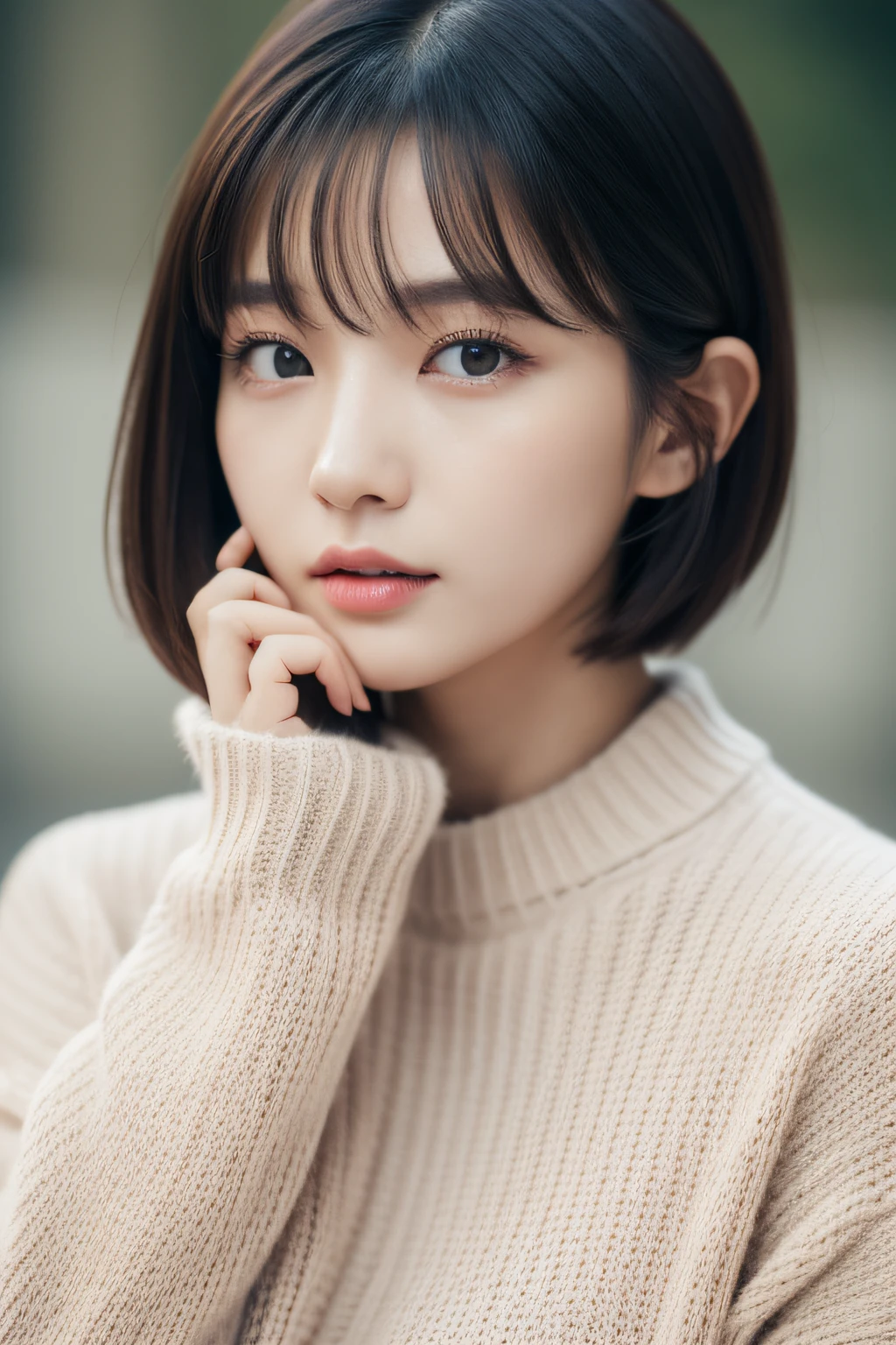 a close up of a woman with a sweater on posing for a picture, Middle metaverse, 奈良美智, Japanese Models, Beautiful Asian Girl, With short hair, 2 4 years old female model, 4 k ], 4K], 2 7 years old, sakimichan, sakimichan