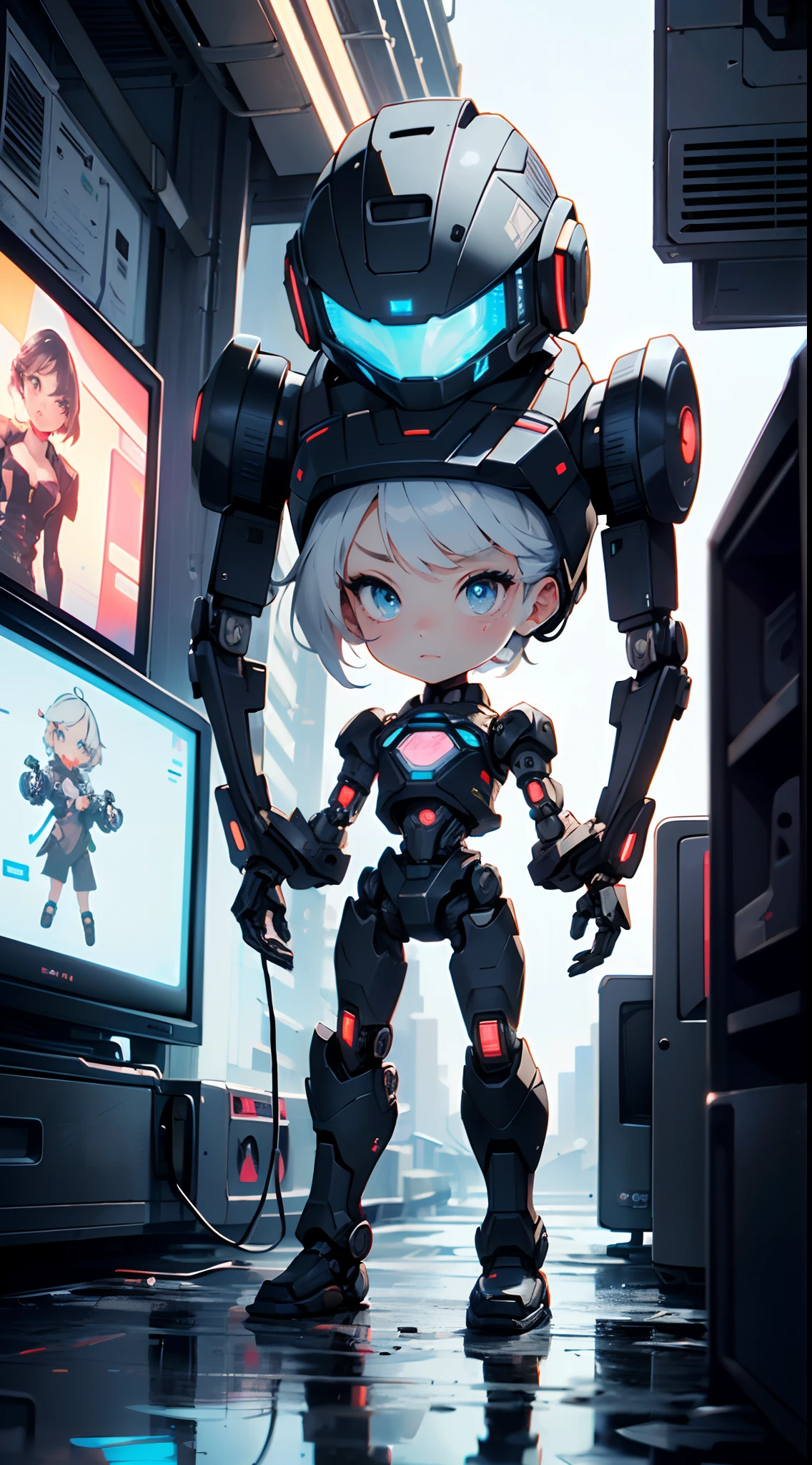 (((TV robot with mechanical arms and legs))),

(((tiny little robot chibi))) with ((((TV head)))). He has (((shaped like a cube with mechanical arms and legs))),and a (((screen on his face))) that displays emoticons and coded messages,Strange head, black tv head,detailed TV head,intricate robot,

(((Object_head,televison_head))),

(dynamic pose:1.0),solo focus,(centered,scale to fit dimensions,Rule of thirds),

cyberpunk city by the ocean at night, with bright neon signs and dark stormy clouds and puddles, scenery:1.25,

artistic photography,(photography taken by sldr),highres, sharp focus, (ultra detailed, extremely detailed), (photorealistic artwork:1.37),(extremely detailed CG unity 8k wallpaper),((synthwave background theme)),(((vibrant colors))),(intricate background),(masterpiece),(best quality)