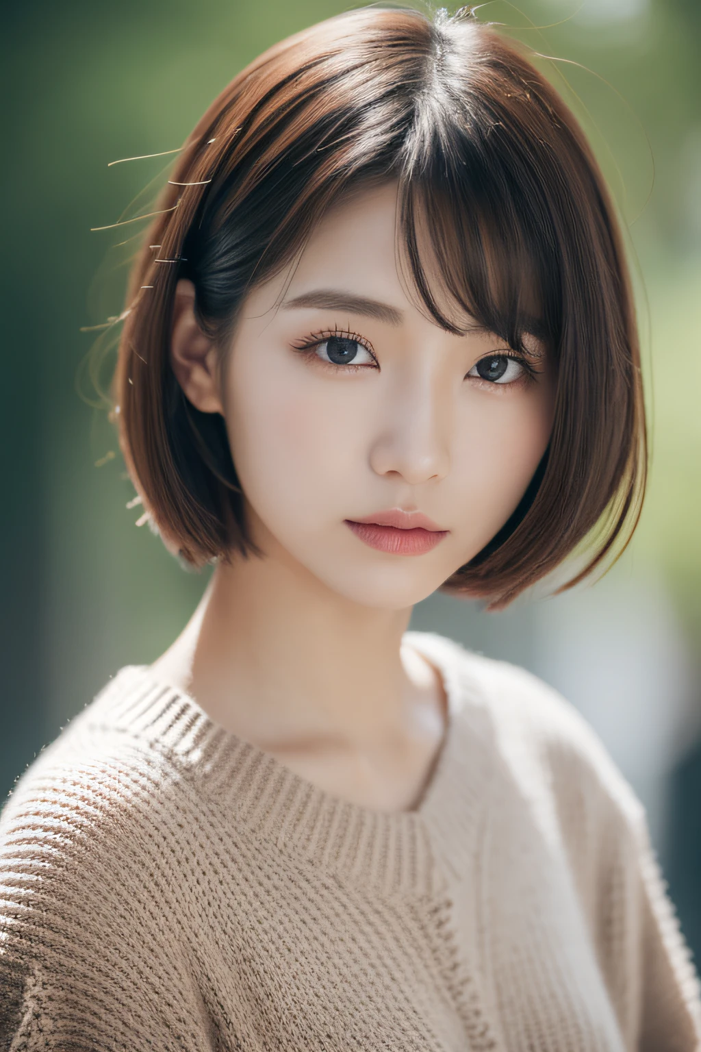(photographed:1.2)、(Photorealsitic:1.4)、(masterpiece:1.3)、(top-quality:1.4)、超A high resolution、(A detailed eye)、(detailed facial features)、(detailed clothes features)、8K分辨率、solofocus、bangss、Double eyelids、Beautiful lips、toned legs、(Slender girl)、(a japanese girl)、(Japan Faces)、1 girl in、Slim Beauty:1.3、brown haired、Delicate hair、(Colossal tits:1.2)、Daikanyama、Street、Realistic body、de pele branca、glistning skin、Slim body、(short-hair:1.2)、(bangss: 1.2)、Bruises and ugly face、kawaii faces、Lifelike face、Delicate body、(Detailed Cafe)、Street fashion、(Wear a stylish jersey with attention to detail:1.5)、Terrace seating、stunning lighting
