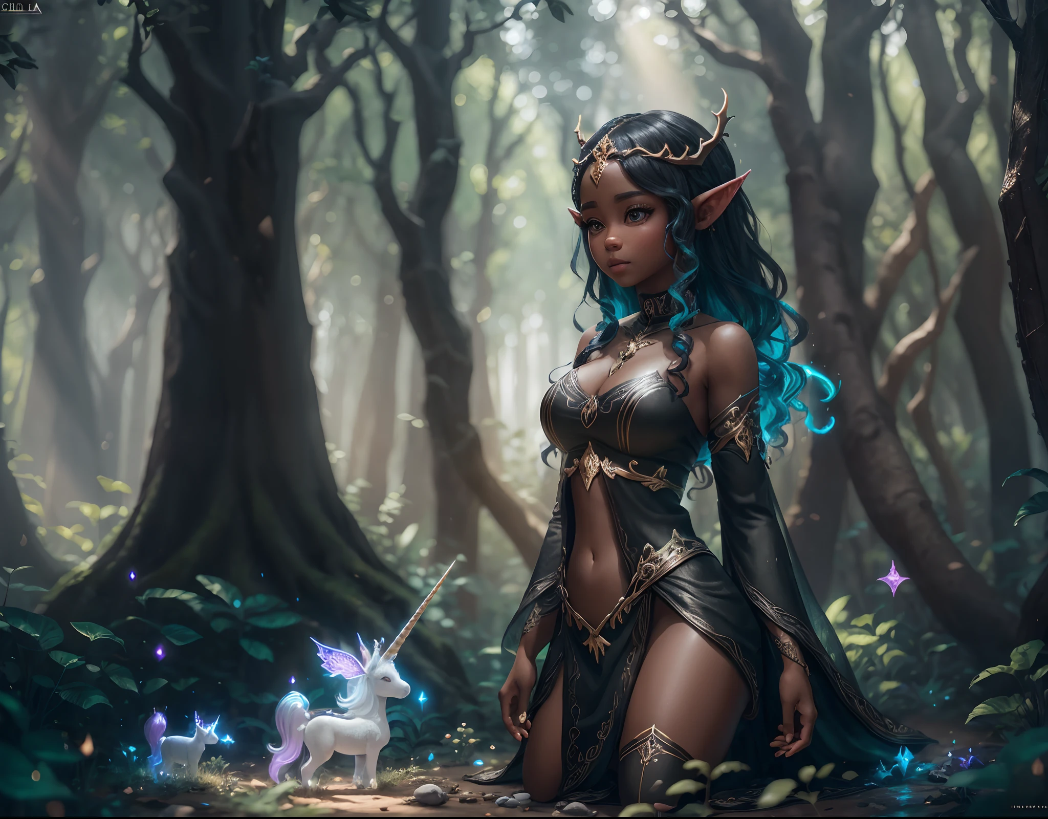 black children elves playing with  unicorns in a fairy forest full of black elves, black fairy angels flying, mystical forest with fairy dust in air shining, with iridescent light, 32k, ultra HD, unreal engine rendered, cinematic lighting, artgerm style, cgsociety 9, deviantart, art by Bella kotak, octane 3d rendering, masterpiece, highly detailed images --auto --s2