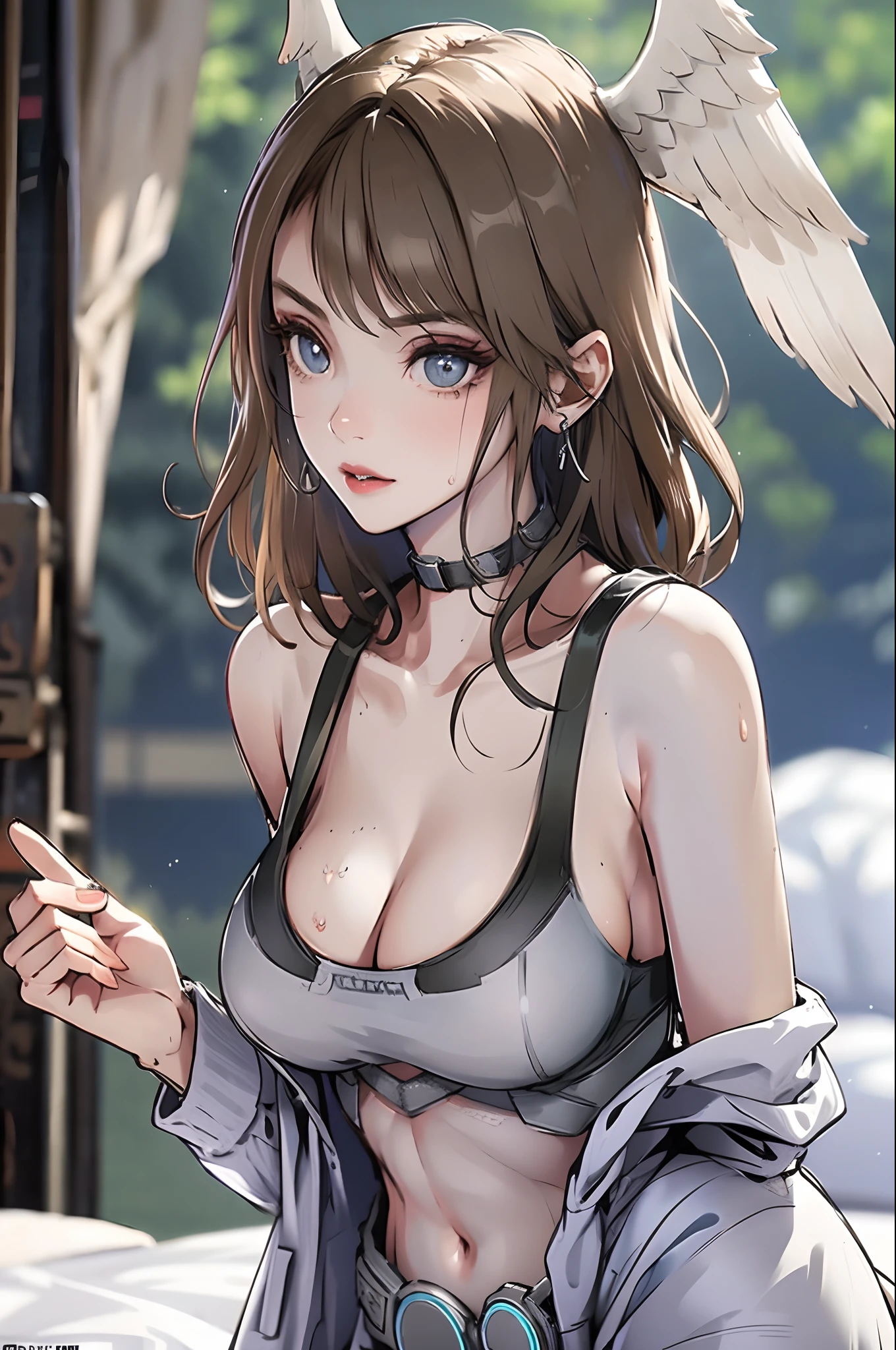 A photo of a young, wearing a white shirt and a bow, surrounded by a cozy atmosphere, looking at the viewer.
short hair, slender, red lips, transparent fabric, flirting with the camera, wing hair accessories, large breast, side profile, close up to upper body, ((undressed:0.8)),sweaty, no bra, laying on bed, on bed, bedroom, leaning forward:0.8, laying on stomach
