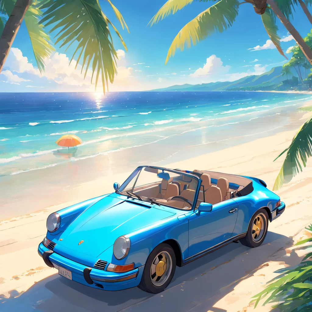 A porshe convertible at the beach,palm trees,crystal clear ocean waves,sandy white beach, vibrant blue sky, sparkling sunlight on the car's glossy surface, glistening water droplets on car body, model with sunglasses and wind-blown hair, vibrant colors, high resolution, photorealistic rendering, dynamic composition, inviting atmosphere, beach chairs and umbrellas, people enjoying the beach, refreshing sea breeze, relaxed and luxurious vibes
