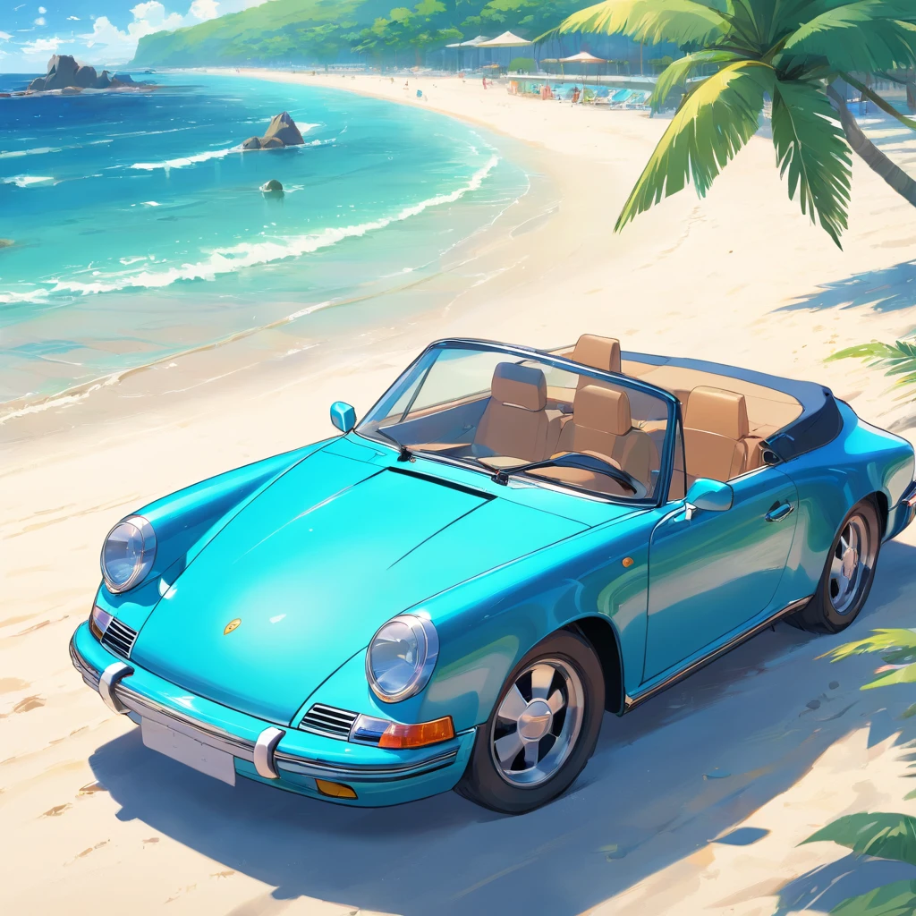 A porshe convertible at the beach,palm trees,crystal clear ocean waves,sandy white beach, vibrant blue sky, sparkling sunlight on the car's glossy surface, glistening water droplets on car body, model with sunglasses and wind-blown hair, vibrant colors, high resolution, photorealistic rendering, dynamic composition, inviting atmosphere, beach chairs and umbrellas, people enjoying the beach, refreshing sea breeze, relaxed and luxurious vibes