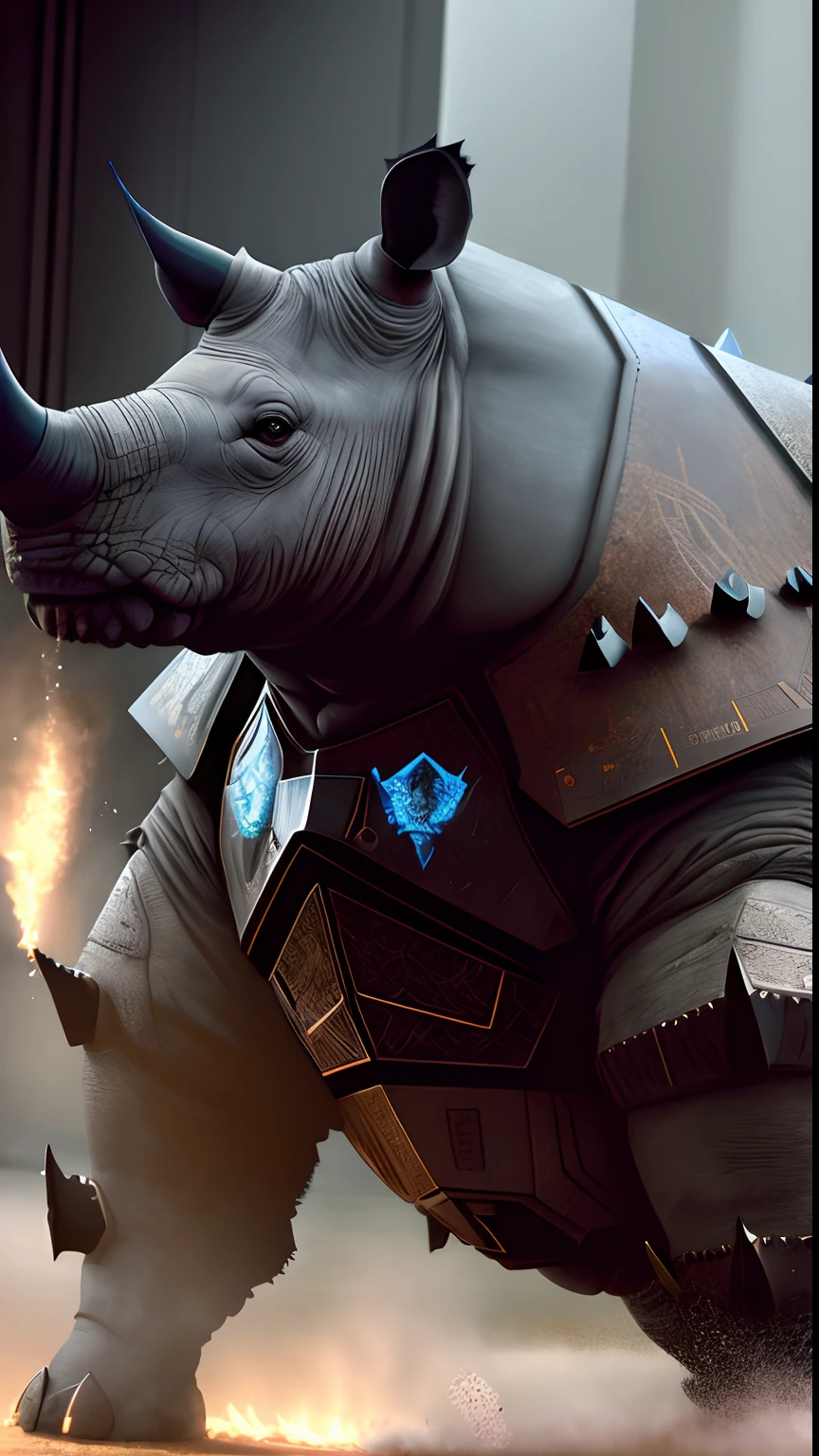 Animalrizz ((rhinoceros)) 10, masterpiece, highres, Absurd,photorealistic portrait, Parley_armature, Rhinoceros in armor ,Wear Parley_armature, Massive futuristic armor, running, move, Rocket propulsion,((from the side))