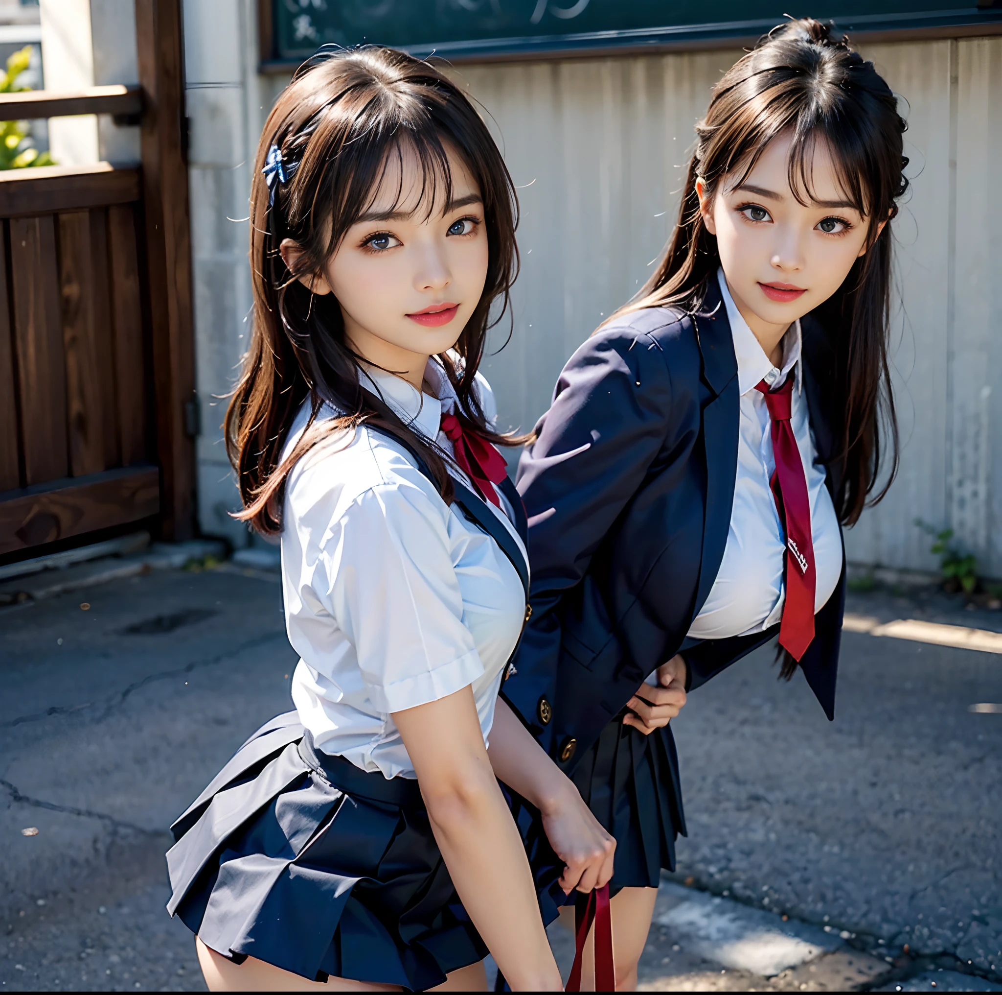 top-quality, ​masterpiece, (Professional lighting without shadows), A hyper-realistic, Bewitching, perfect anatomia, Two girls, (Proudly stand in front of the camera、Girl showing off ribbon tie, Another girl on the other side, Bend over and stick your butt out towards the camera), ( Huge breasts:1.2), (Bright and even whitening skin without wrinkles and steps), (Bright beautiful blue eyes with long eyelashes and red tear bags reflected light:1.2)、 (Braided half-up hair with bangs), (Although her costume is a schoolgirl uniform、She dresses up super mini pleated skirt length very short:1.3), (Proudly showing off a crimson ribbon tie from the front:1.2), (Another girl on the other side、To beautifully emphasize the proud ultra mini pleated skirt、Showing off a pose with the buttocks exposed from directly behind:1.2), (Beautiful face squinting in dazzling light:1.2), ssmile,