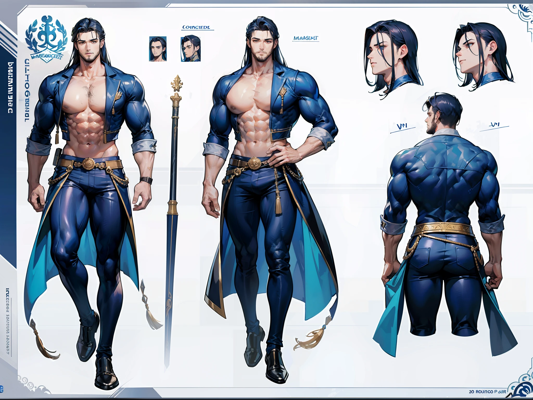 ((Masterpiece, Highest quality)), Detailed face, character design sheet, full bodyesbian, Full of details, frontal body view, back body view, Highly detailed, Depth, Many parts, Muscle boy with ponytail long brunnete hair,handsome man, muscle body, navy, commander, man tall,