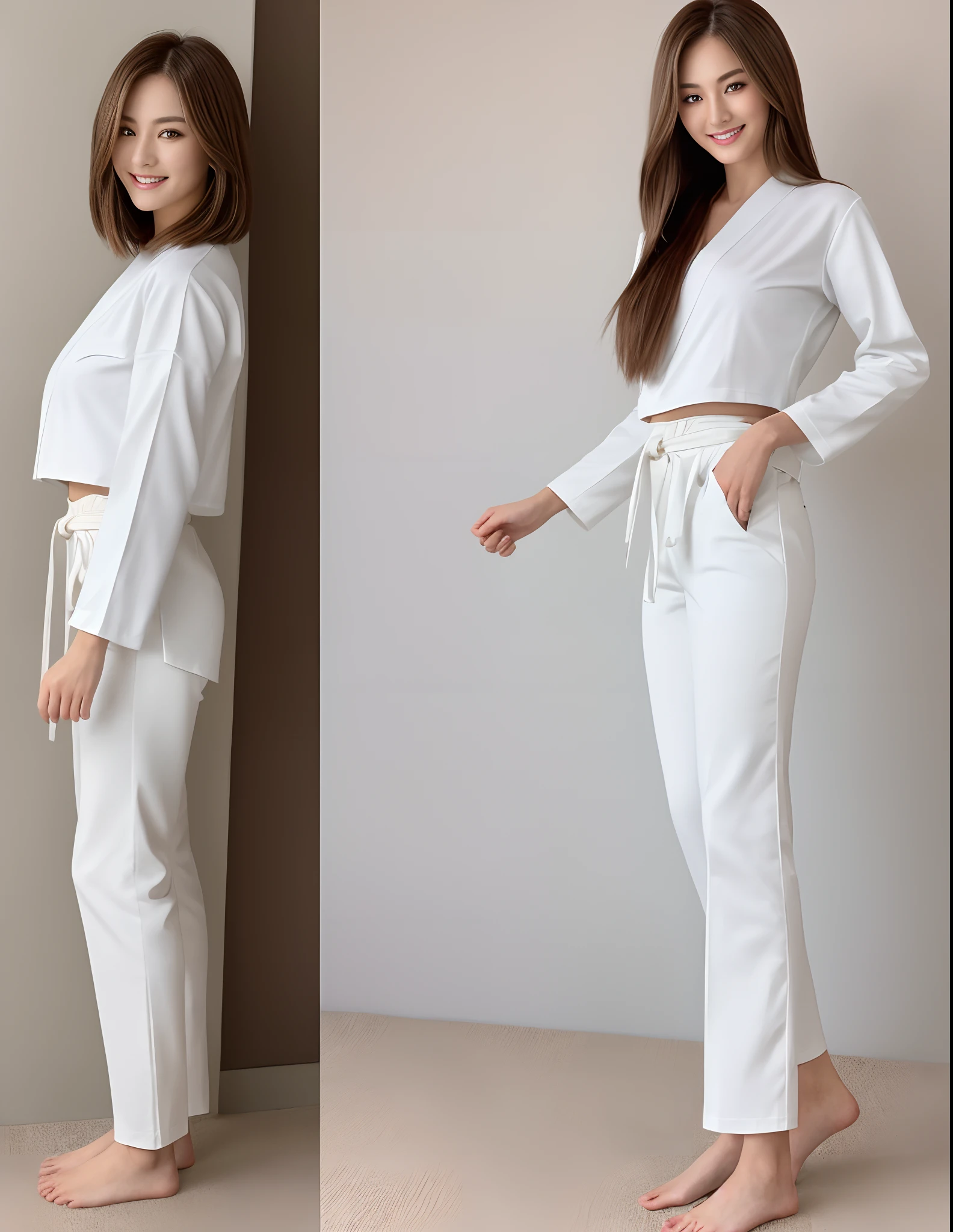 (Photorealsitic)(), Perfectly beautiful woman, (Full body 8K portrait), Stand alone, Stick out your fist, Large and dynamic hand and foot movements, Correct skeleton, White Karate Uniform, White karate pants, Large bust, Perfect facial detail, (Smile: 1.15), attractive beautiful face, gazing at viewer, a small face, 二重まぶた, Beautiful detailed eyes, long eyeslashes, ligh brown hair, Hairstyle is bob style, Toned waist, large full breasts, Beautiful thin legs, toned ankles, bare-legged ,TOKYOcty