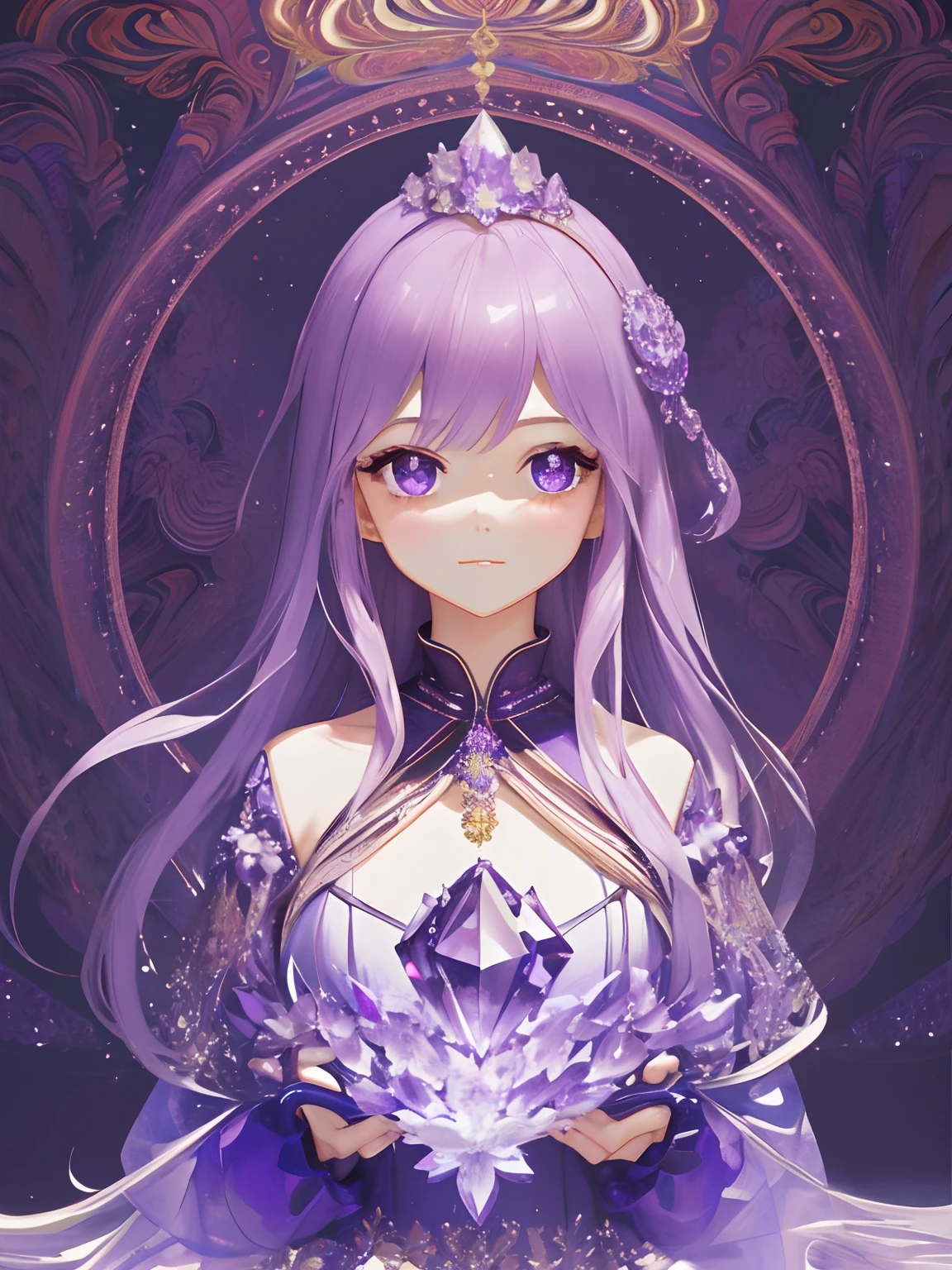 (​masterpiece、top-quality、top-quality、Official art、Beautifully Aesthetic:1.2)、(1girl in:1.3)、(Fractal Art:1.3)、　Studded sequins　Holding an amethyst crystal in both hands