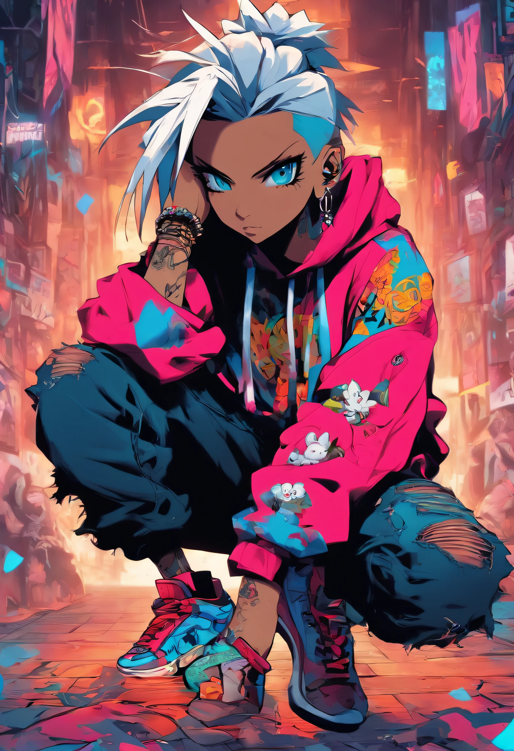 Cool and trendy rabbits, White hair, Blue eyes, Wear trendy hip-hop clothes, Wearing a hoodie, Graphic T-shirt and ripped jeans, Lots of tattoos and piercings, Doodle style background, Highly detailed background, perfect masterpiece, High quality, High resolution