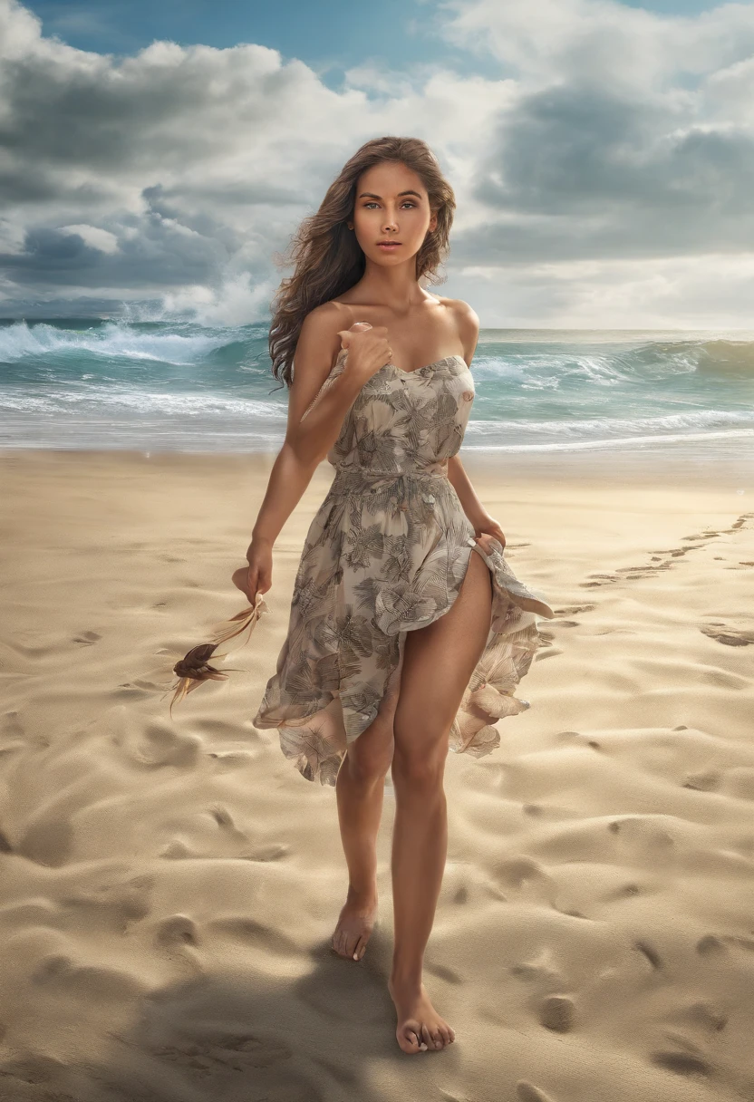 Help me draw a barefoot Hawaiian girl on the beach full body loves 4K Ultra HD movie quality