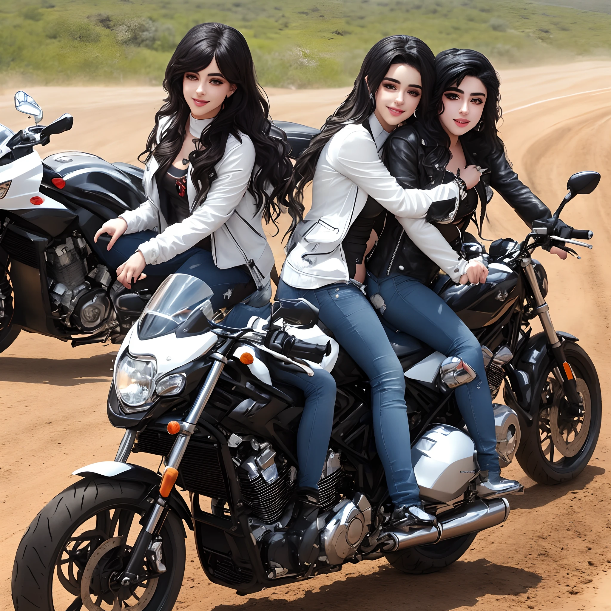 Camila Cabello and Lauren Jauregui on a motorcycle on a dirt road