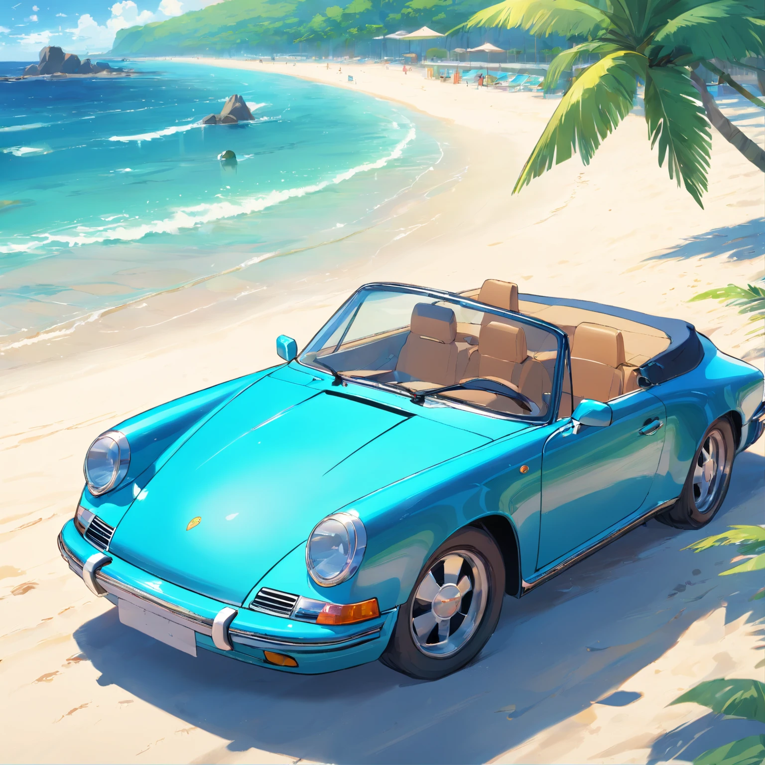 A porshe convertible at the beach,palm trees,crystal clear ocean waves,sandy white beach, vibrant blue sky, sparkling sunlight on the car's glossy surface, glistening water droplets on car body, model with sunglasses and wind-blown hair, vibrant colors, high resolution, photorealistic rendering, dynamic composition, inviting atmosphere, beach chairs and umbrellas, people enjoying the beach, refreshing sea breeze, relaxed and luxurious vibes