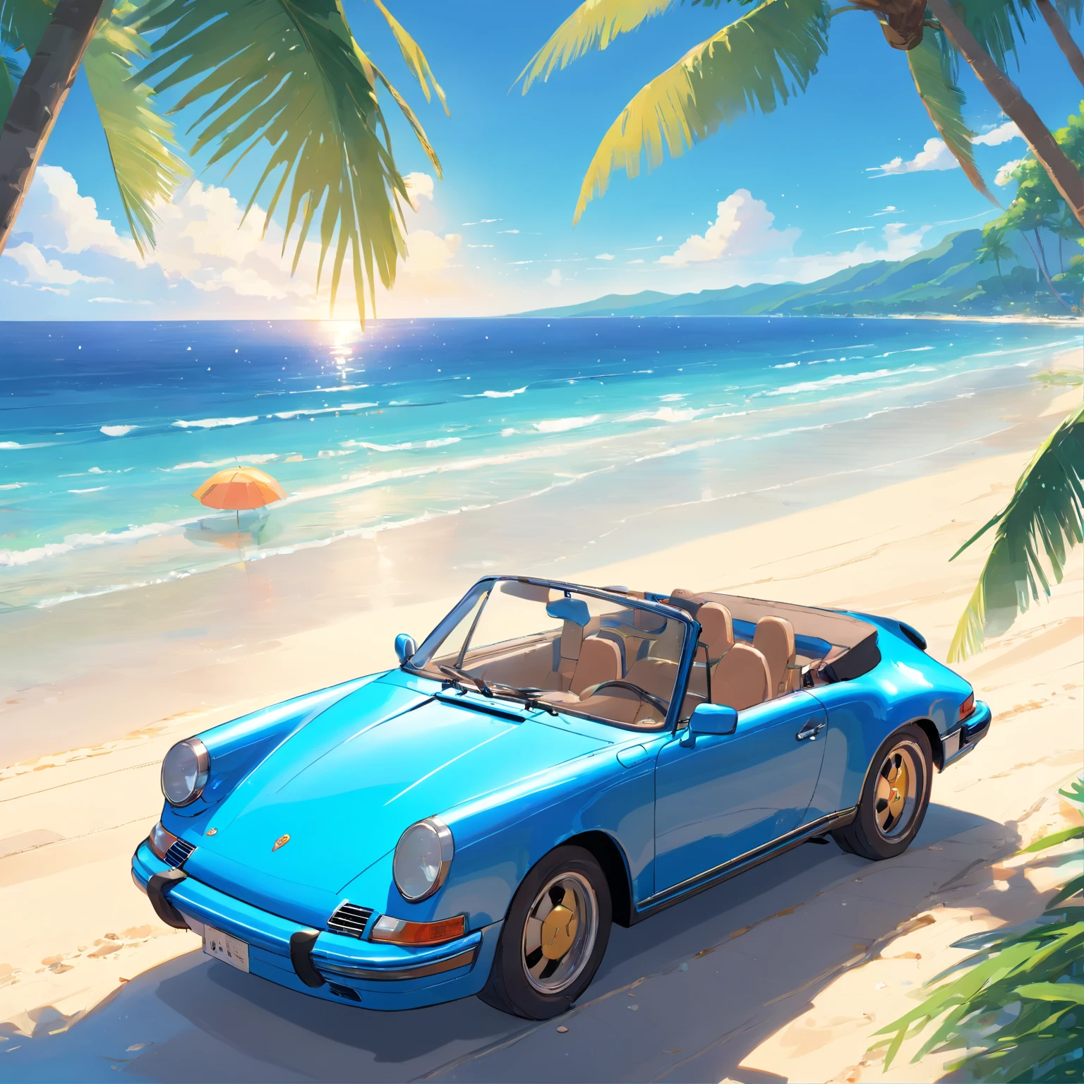 A porshe convertible at the beach,palm trees,crystal clear ocean waves,sandy white beach, vibrant blue sky, sparkling sunlight on the car's glossy surface, glistening water droplets on car body, model with sunglasses and wind-blown hair, vibrant colors, high resolution, photorealistic rendering, dynamic composition, inviting atmosphere, beach chairs and umbrellas, people enjoying the beach, refreshing sea breeze, relaxed and luxurious vibes