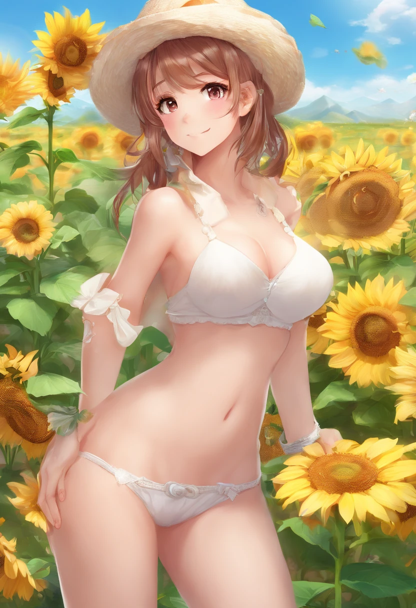 1 girl, (((raised high huge round buttocks))), Wide A sunflower field in full bloom,Back view of a woman in Translucent white thong (underwear),long shot,wide view, commercial photography,award-winning photograph,(photorealistic),unity 8k wallpaper,(ultra detailed:1.3),(light_on_face:1.4),CanonEOS 5D MarkIV DSLR